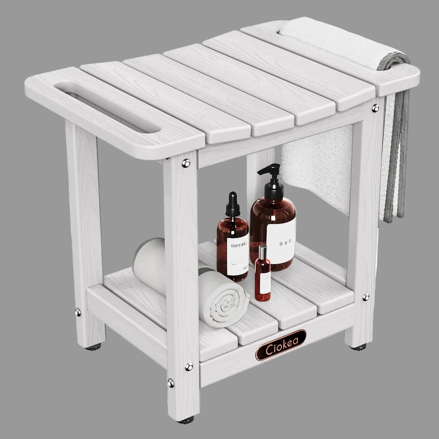Dluxe Ave. Ciokea Shower Bench for Inside Shower Waterproof Plastic Shower Stool for Shaving Legs with Storage Shelf HDPE Shower Bath Tub Benches for Bathroom Indoor or Outdoor Use White