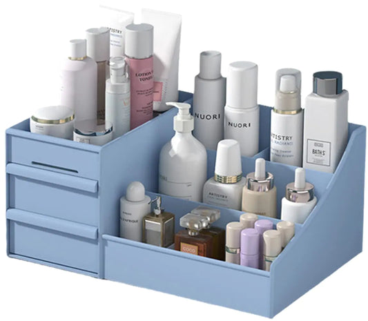 Dluxe Ave. XIOU Makeup Desk Organizer with Drawers - Countertop Organizer for Cosmetics Vanity Holder for Lipstick Brushes Lotions Eyeshadow Nail Polish and Jewelry (Blue)