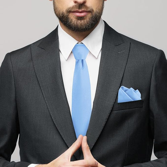 Dluxe Ave. Mens Tie Set Solid Color 3.15" (8CM) Light Blue Formal Necktie and Pocket Square Set