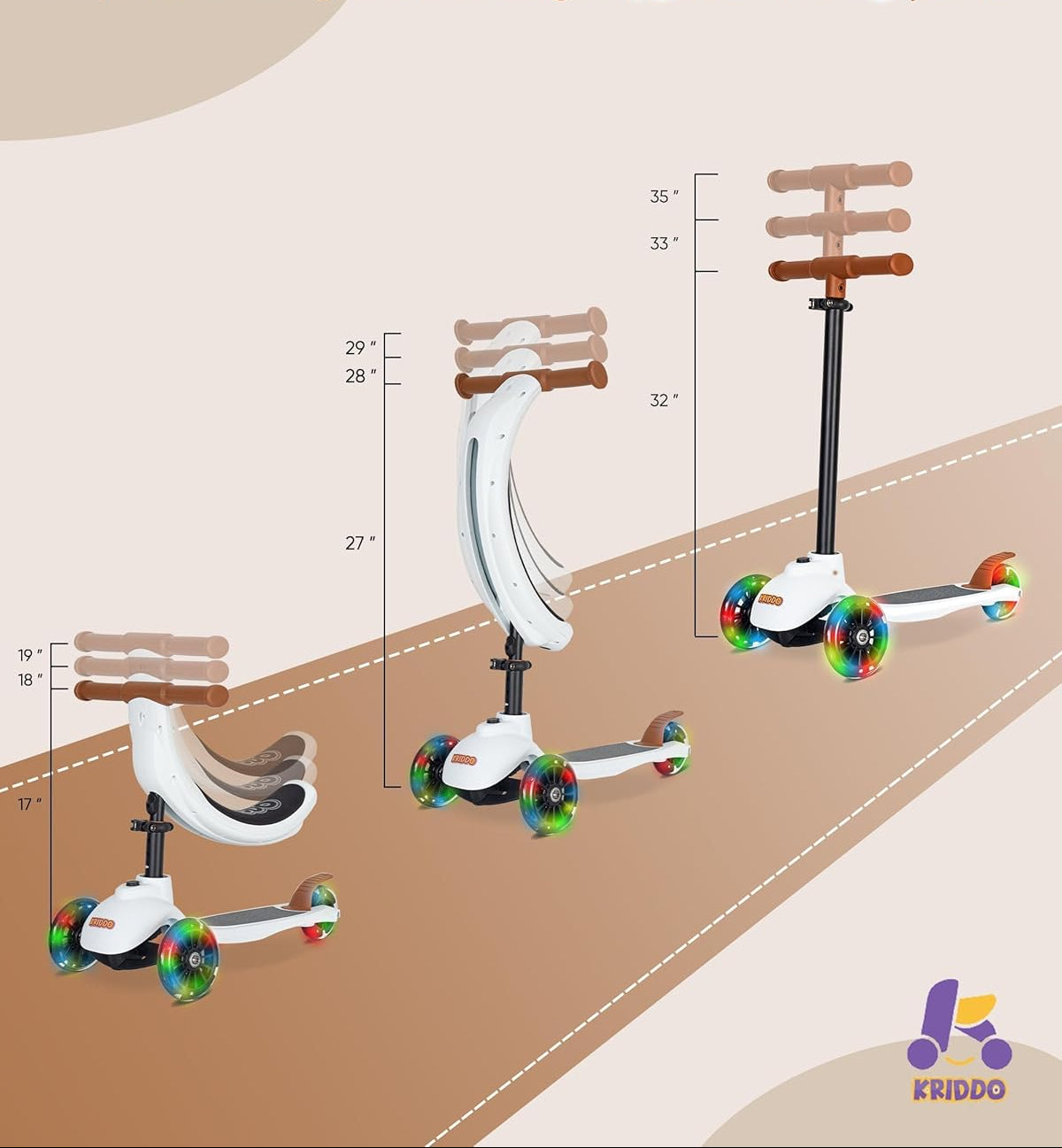 Dluxe Ave.5-in-1 Scooter for Kids Ages 1-5 Years Old/ Folding Scooter with 3 Lighted Wheels/ Wide Standing Board/ White