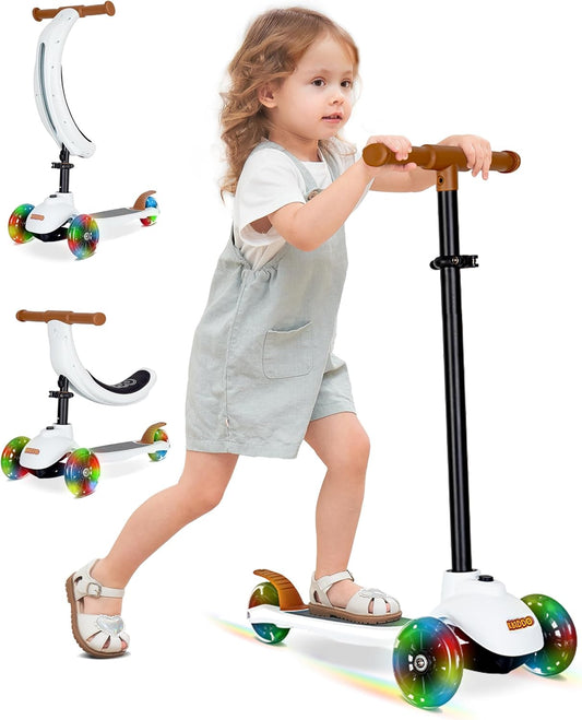 Dluxe Ave.5-in-1 Scooter for Kids Ages 1-5 Years Old Folding Scooter with 3 Lighted Wheels Wide Standing Board Adjustable Height Learn-to-Steer Handlebar for Indoor and Outdoor/ White