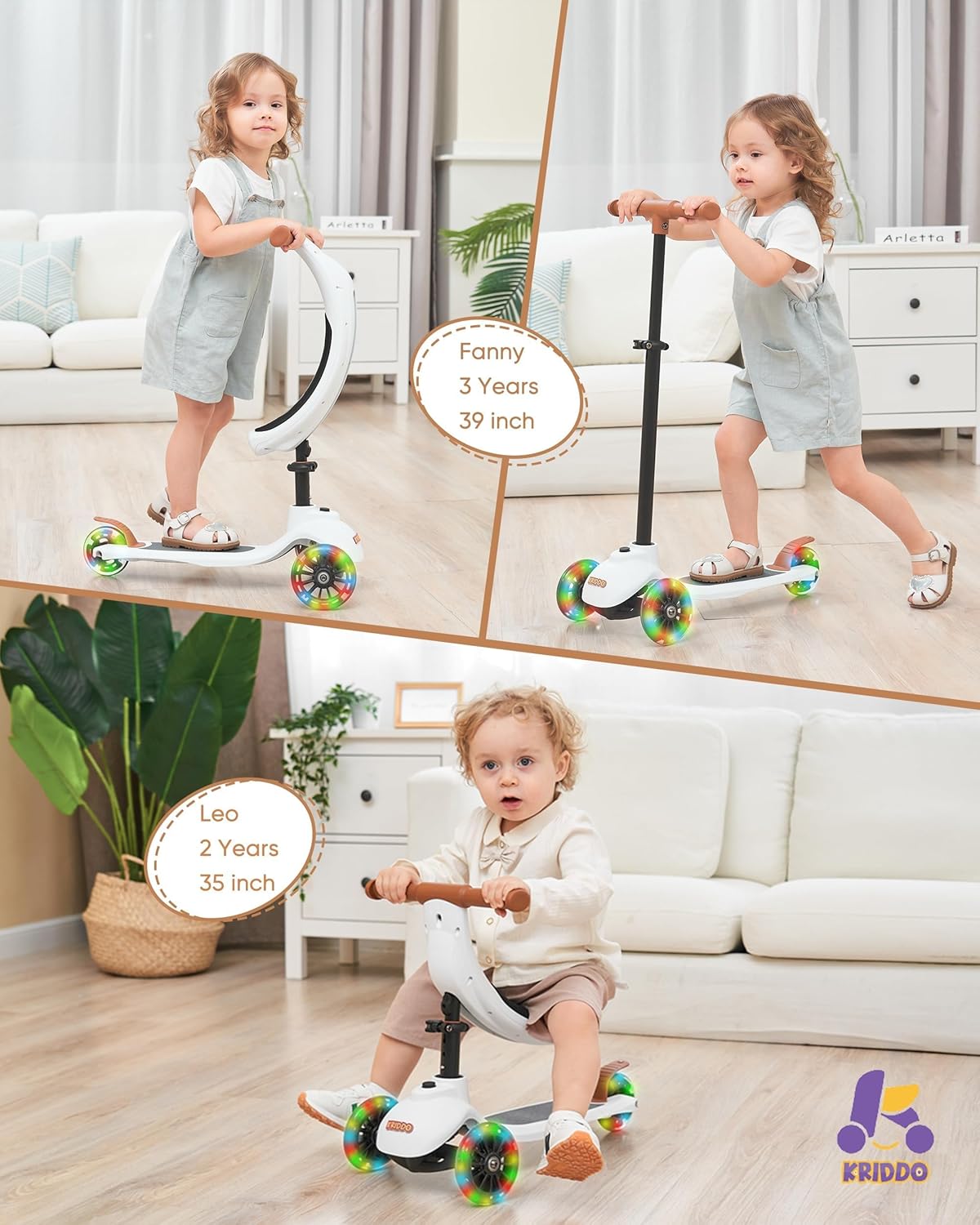 Dluxe Ave.5-in-1 Scooter for Kids Ages 1-5 Years Old/ Folding Scooter with 3 Lighted Wheels/ Wide Standing Board/ White