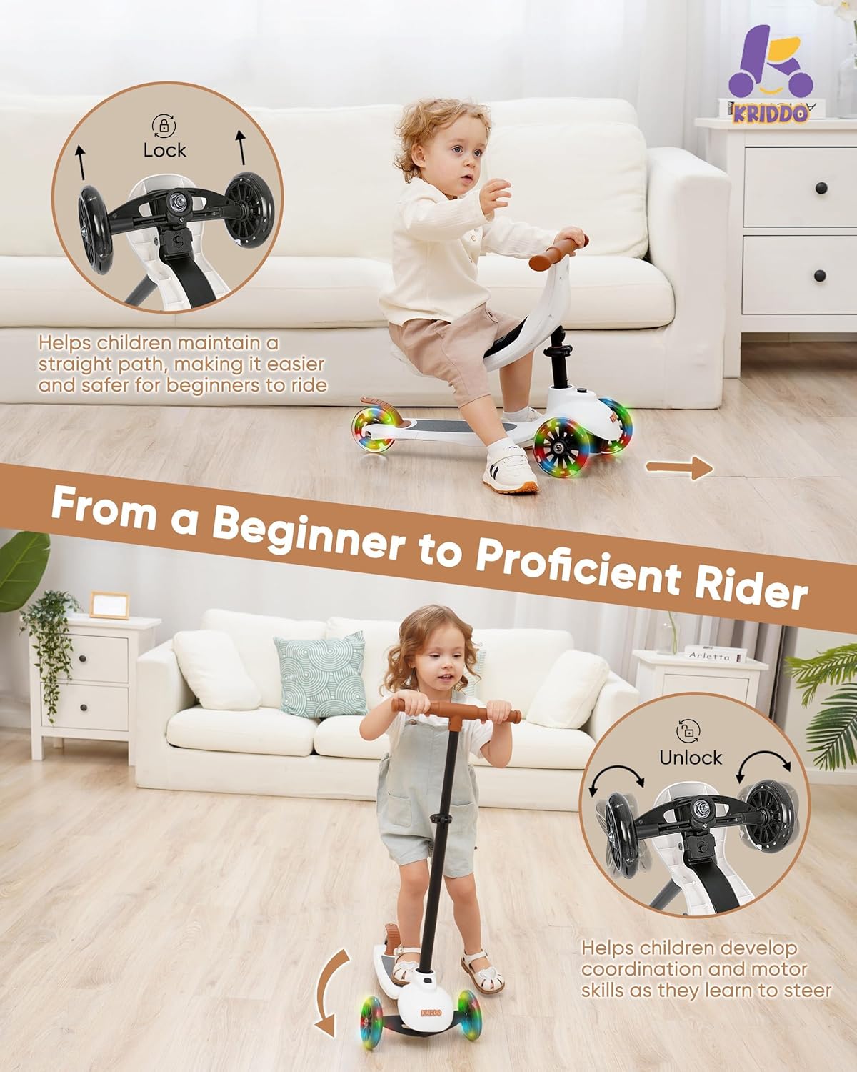 Dluxe Ave.5-in-1 Scooter for Kids Ages 1-5 Years Old/ Folding Scooter with 3 Lighted Wheels/ Wide Standing Board/ White
