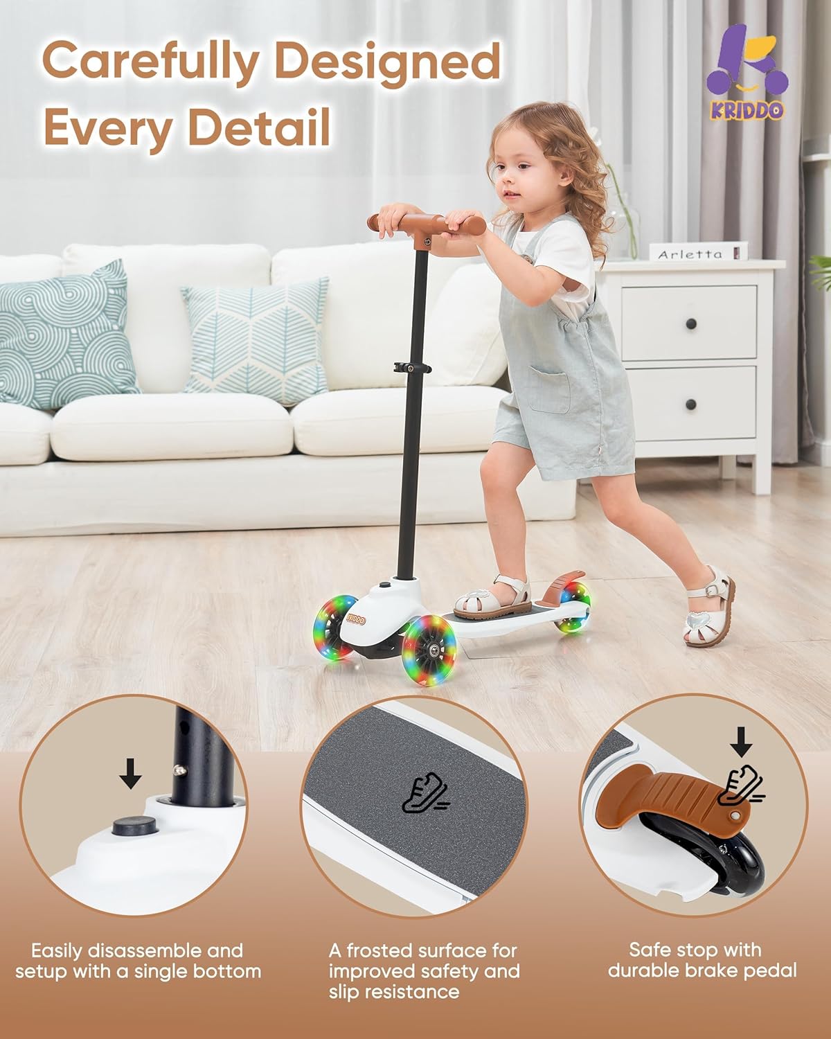 Dluxe Ave.5-in-1 Scooter for Kids Ages 1-5 Years Old/ Folding Scooter with 3 Lighted Wheels/ Wide Standing Board/ White