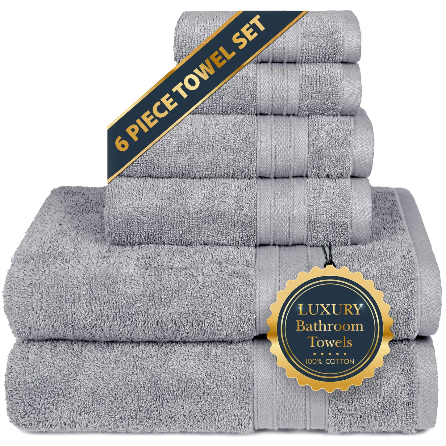 Dluxe Ave. TRIDENT Soft & Plush Luxury Towel Set 100% Cotton 2 Bath Towels 2 Hand Towels 2 Washcloths Highly Absorbent Towels for Bathroom 6 Pieces Silverish Grey Towel Sets