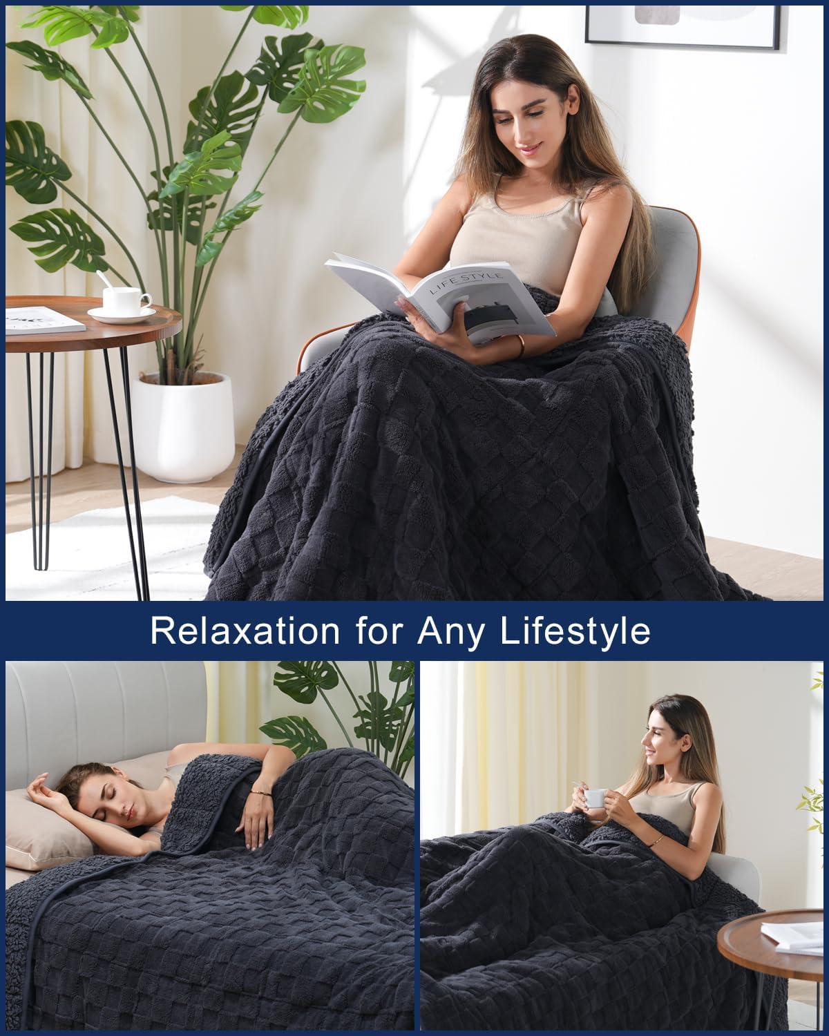 Dluxe Ave. ( TWIN ) Weighted Blanket, Checkered Soft Heavy Fleece, (Black) 15 lbs/48 x 72 Inche