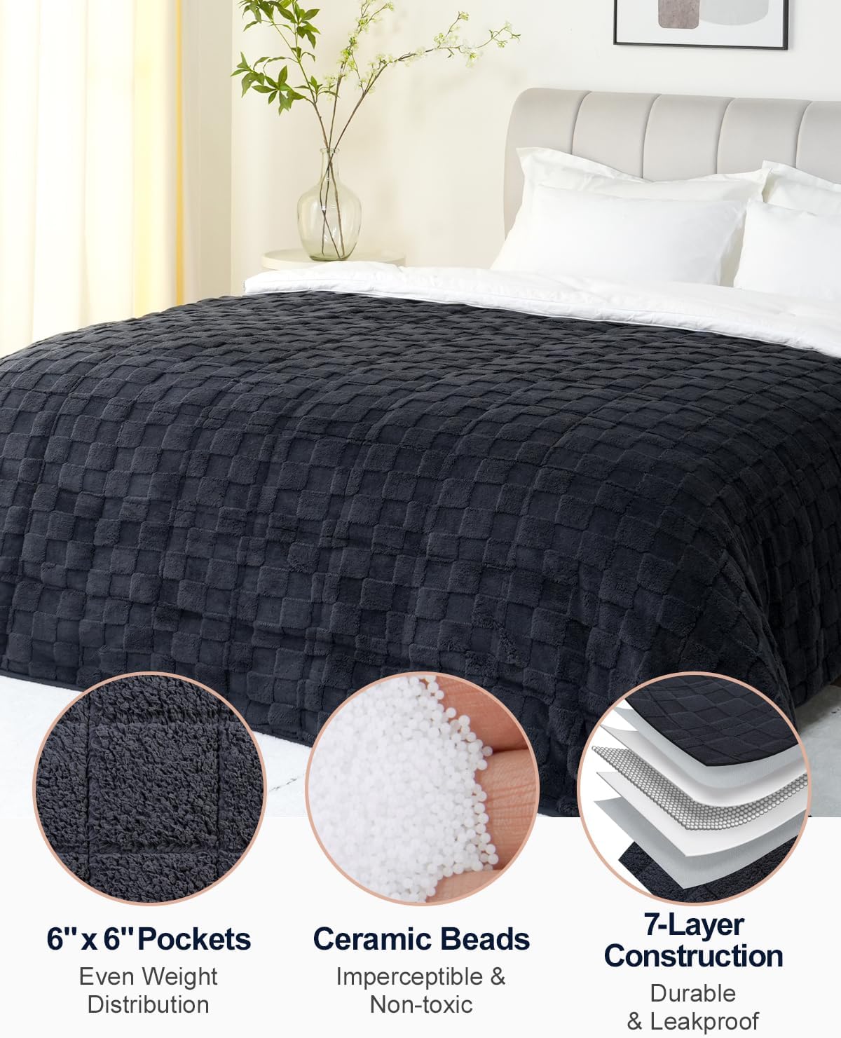 Dluxe Ave. ( TWIN ) Weighted Blanket, Checkered Soft Heavy Fleece, (Black) 15 lbs/48 x 72 Inche