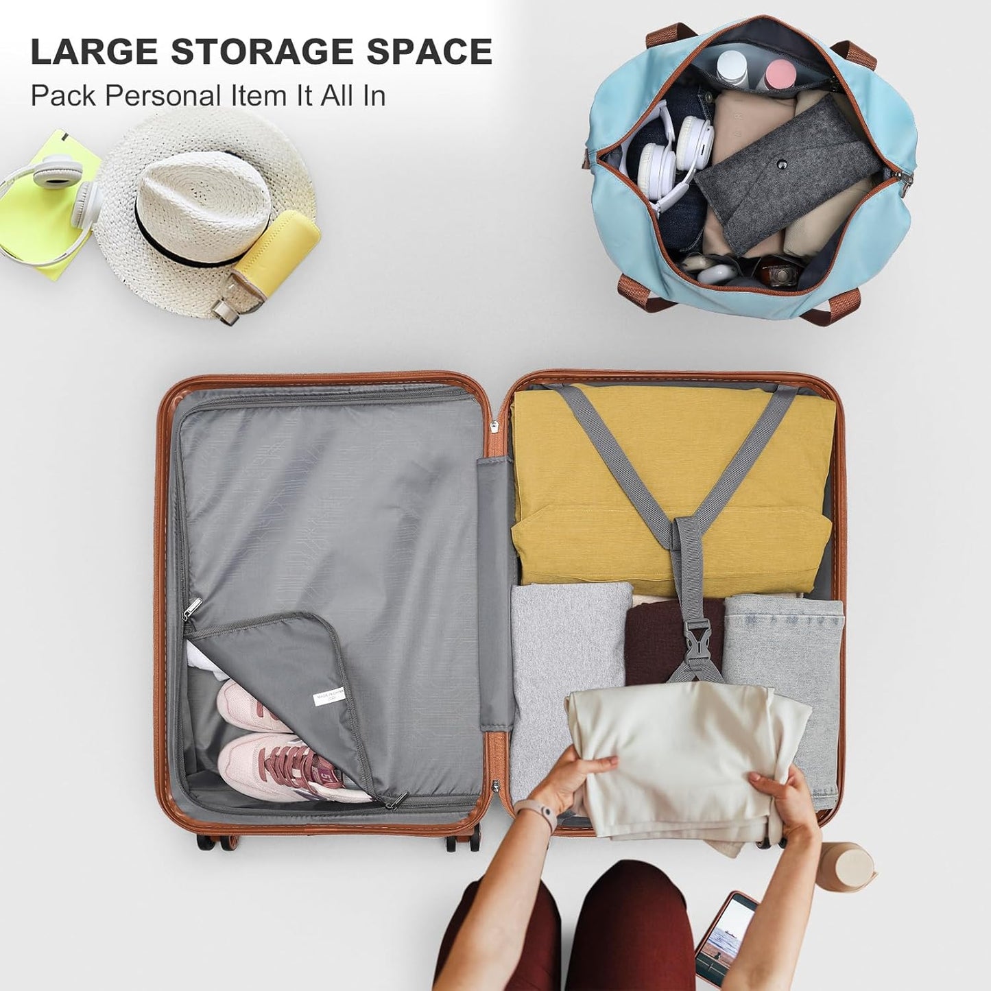 Dluxe Ave. Luggage Set 4 Pcs Carry On Hardside Luggage with TSA Lock/ Spinner Wheels/(Apricot Blue)