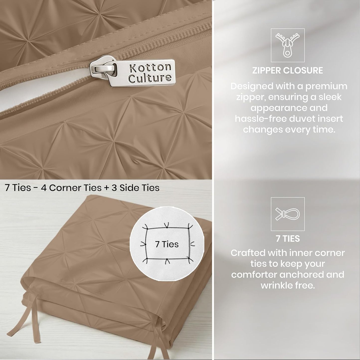 Dluxe Ave. ( KING ) 3 Pcs 600 Thread Count Pinch {Duvet Cover}Set, 100% Egyptian Cotton for All Season, / Taupe