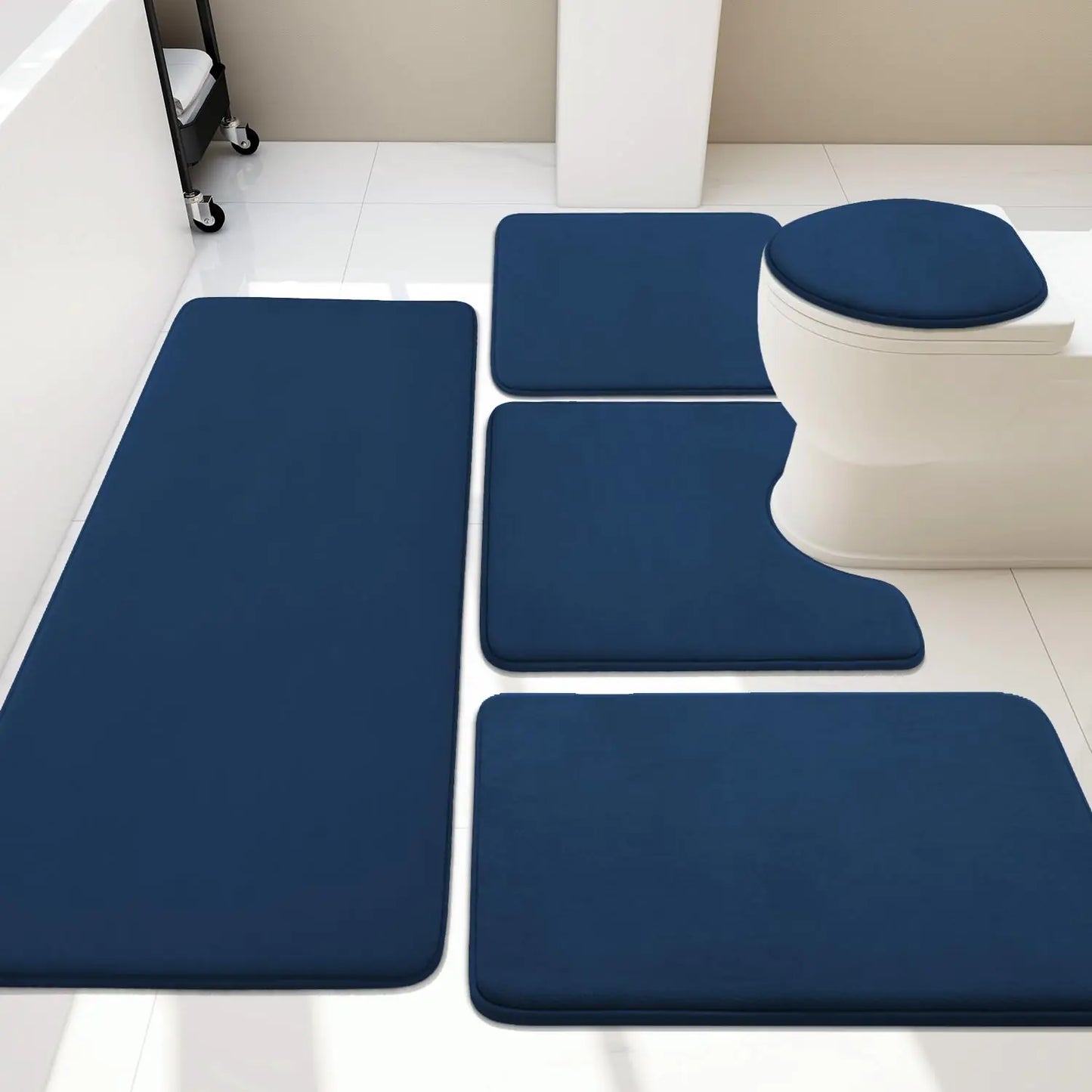 Dluxe Ave. YIHOUSE Bathroom Rug Set 5 Piece Memory Foam Bath Mat Set Super Absorbent Bath Mats Dark Blue Bathroom Rug Set