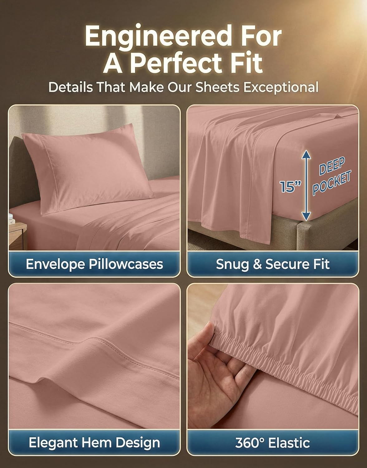 Dluxe Ave. ( TWIN ) 3 Pcs Bed Sheets Set/ 600 TC 100% Cotton/ Sateen Weave/ Hotel Luxury/ Dusty Rose