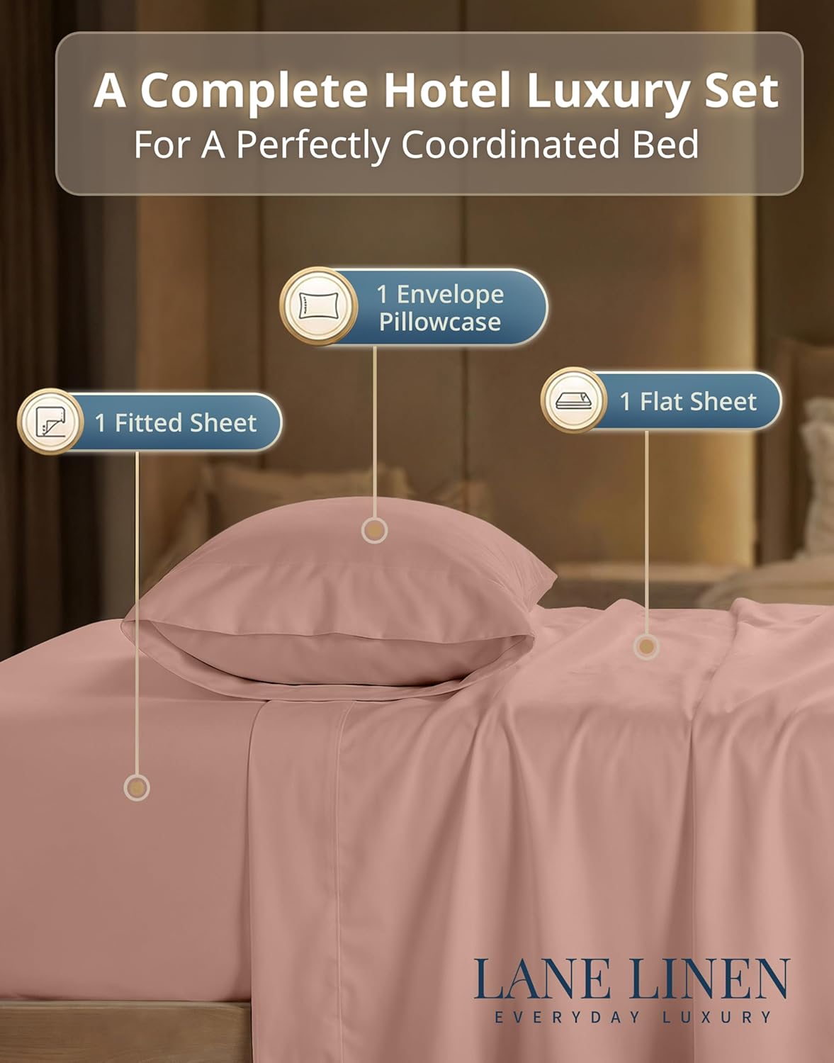 Dluxe Ave. ( TWIN ) 3 Pcs Bed Sheets Set/ 600 TC 100% Cotton/ Sateen Weave/ Hotel Luxury/ Dusty Rose