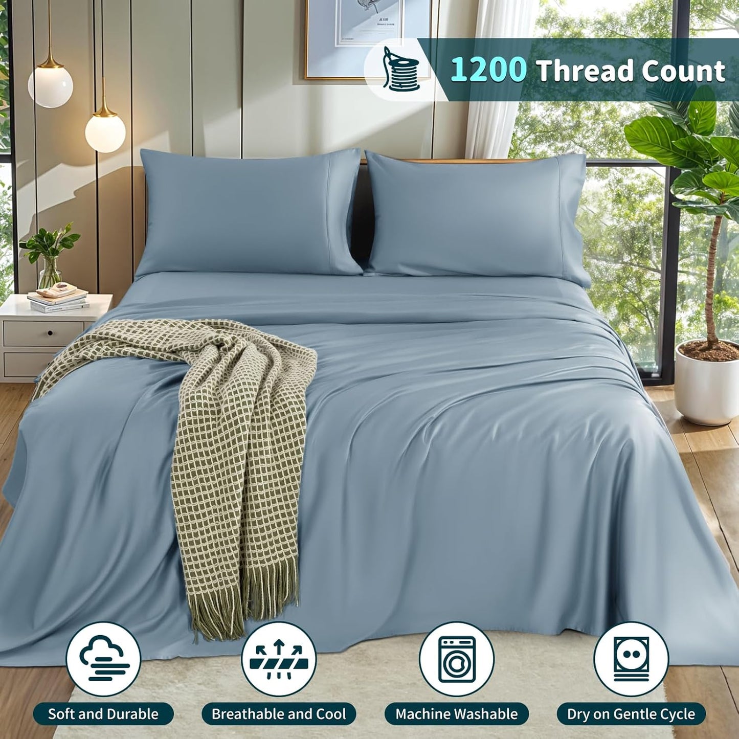 Dluxe Ave. ( CALI./ KING ) 4 Pcs 100% Cotton 1200 Thread Count Sheet Set, 16 inches Deep Pocket,  French Blue