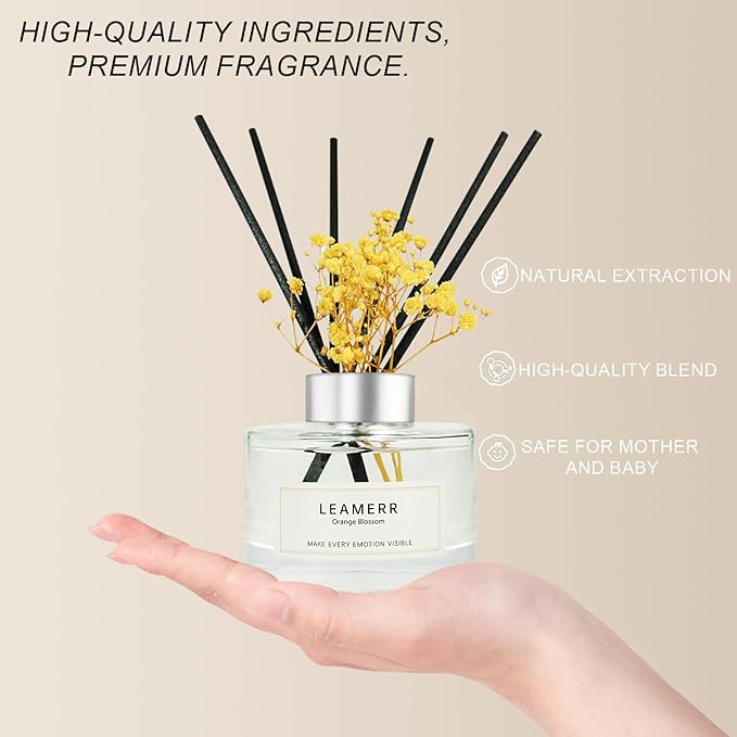Dluxe Ave. LEAMERR Reed Diffuser Set7 fl oz (210 ml) Orange Blossom Scent Oil Diffusers with 6 Reed SticksHome Fragrance Reed Diffuser for Bathroom Shelf Decor