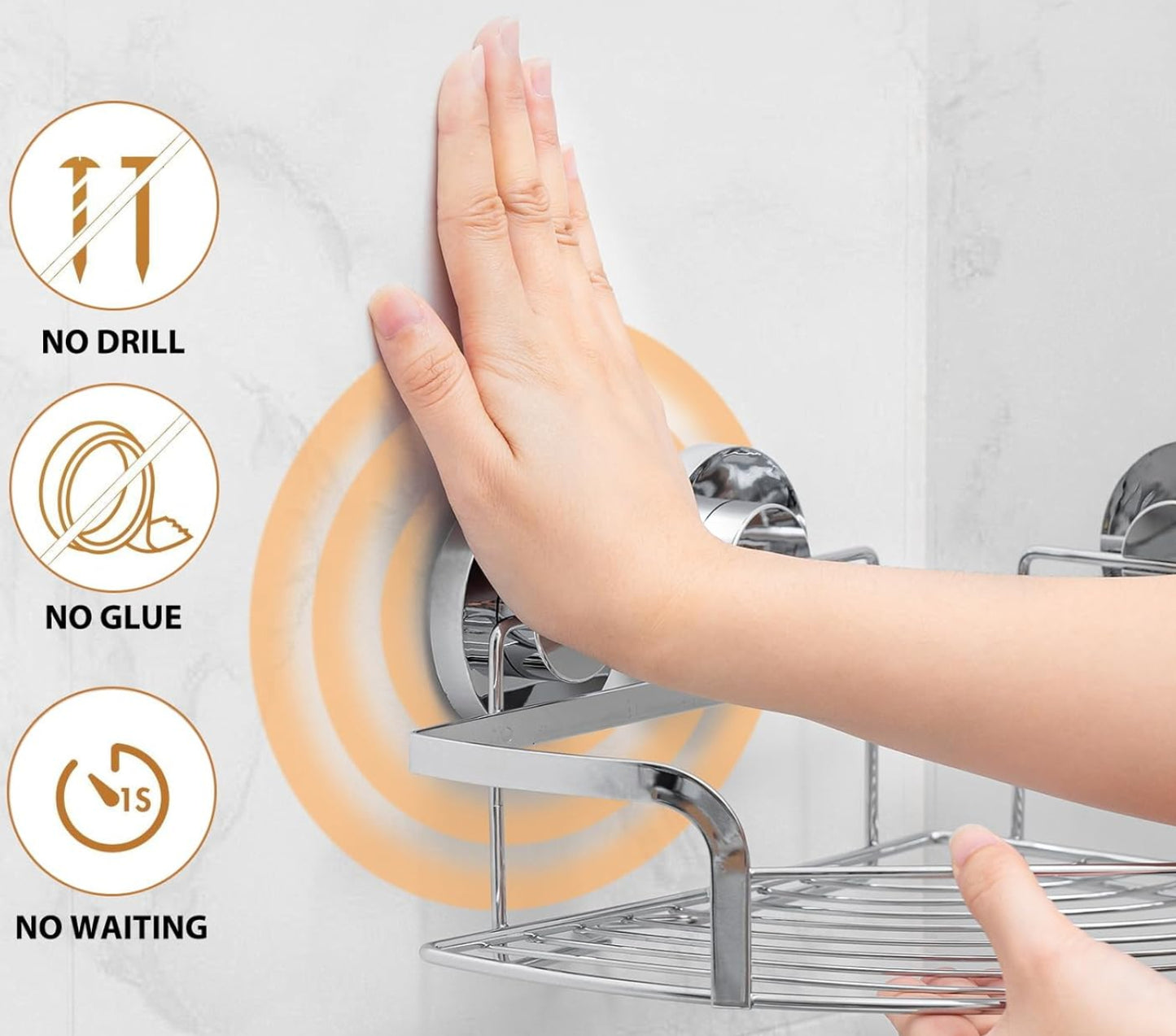 Dluxe Ave. Suction Cup Shower Corner Caddy, 2 Pack Drill-Free, Heavy Duty Shower Shelf with Hooks, Wall Mounted Basket Organizer for Bathroom, Removable, Rustproof, Stainless Steel (Silver)