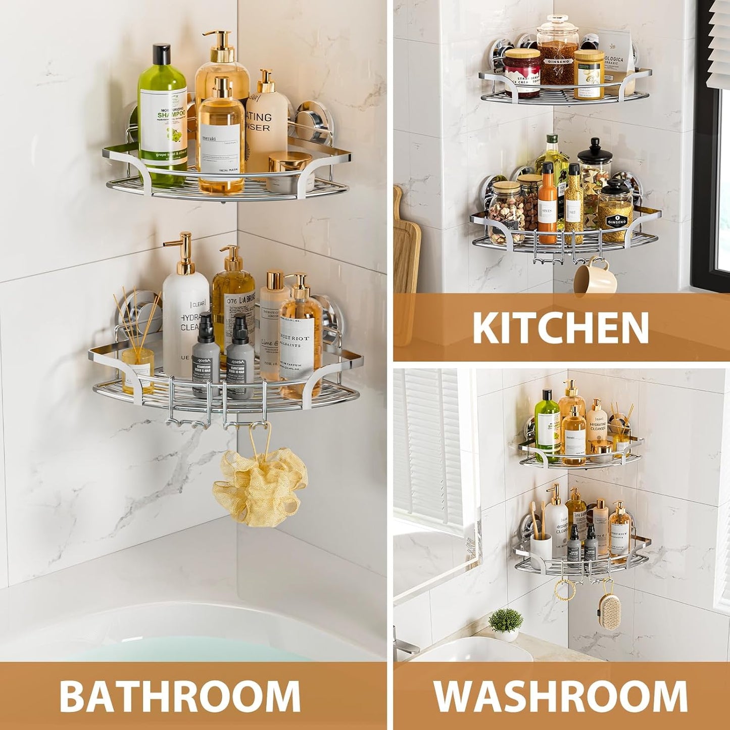 Dluxe Ave. Suction Cup Shower Corner Caddy, 2 Pack Drill-Free, Heavy Duty Shower Shelf with Hooks, Wall Mounted Basket Organizer for Bathroom, Removable, Rustproof, Stainless Steel (Silver)