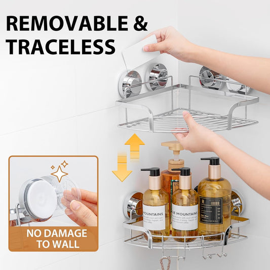 Dluxe Ave. Suction Cup Shower Corner Caddy/2 Pack Drill-Free, Heavy Duty Shower Shelf with Hooks/ Silver