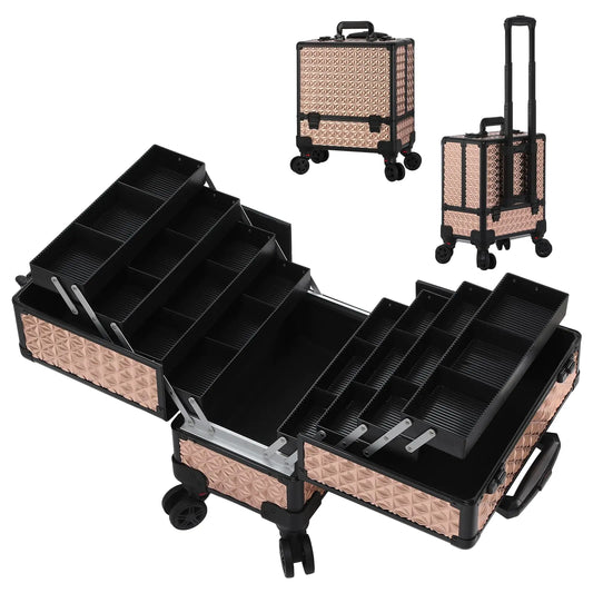 Dluxe Ave. Leeora&Leekoo High-Capacity Multilayer Portable Nail Case for Nail Tech Organizer with Wheels  (rose gold)