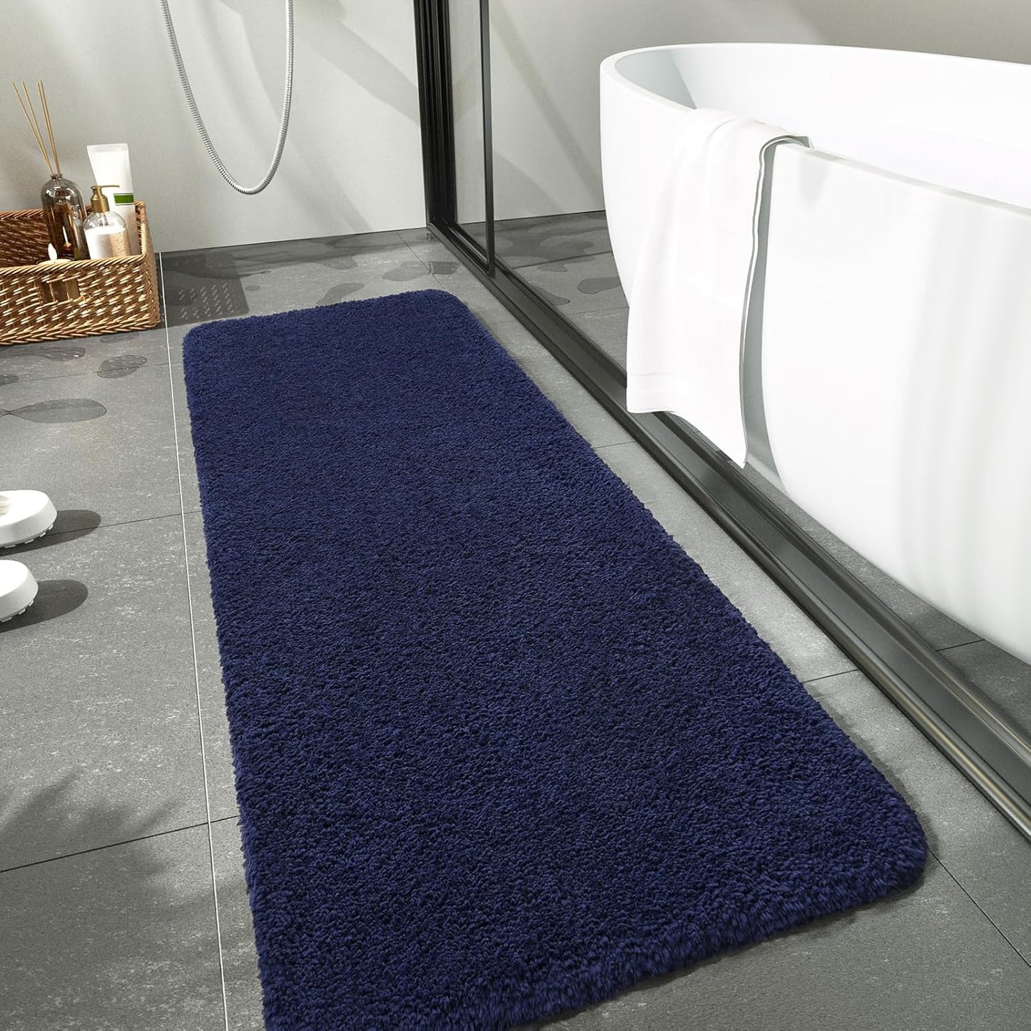 Dluxe Ave. Bathroom Rug Runner 24x60 Inch Soft Thick Absorbent Microfiber Bath Rug for Bathroom, Machine Washable, Shaggy Plush, Non Slip / Navy