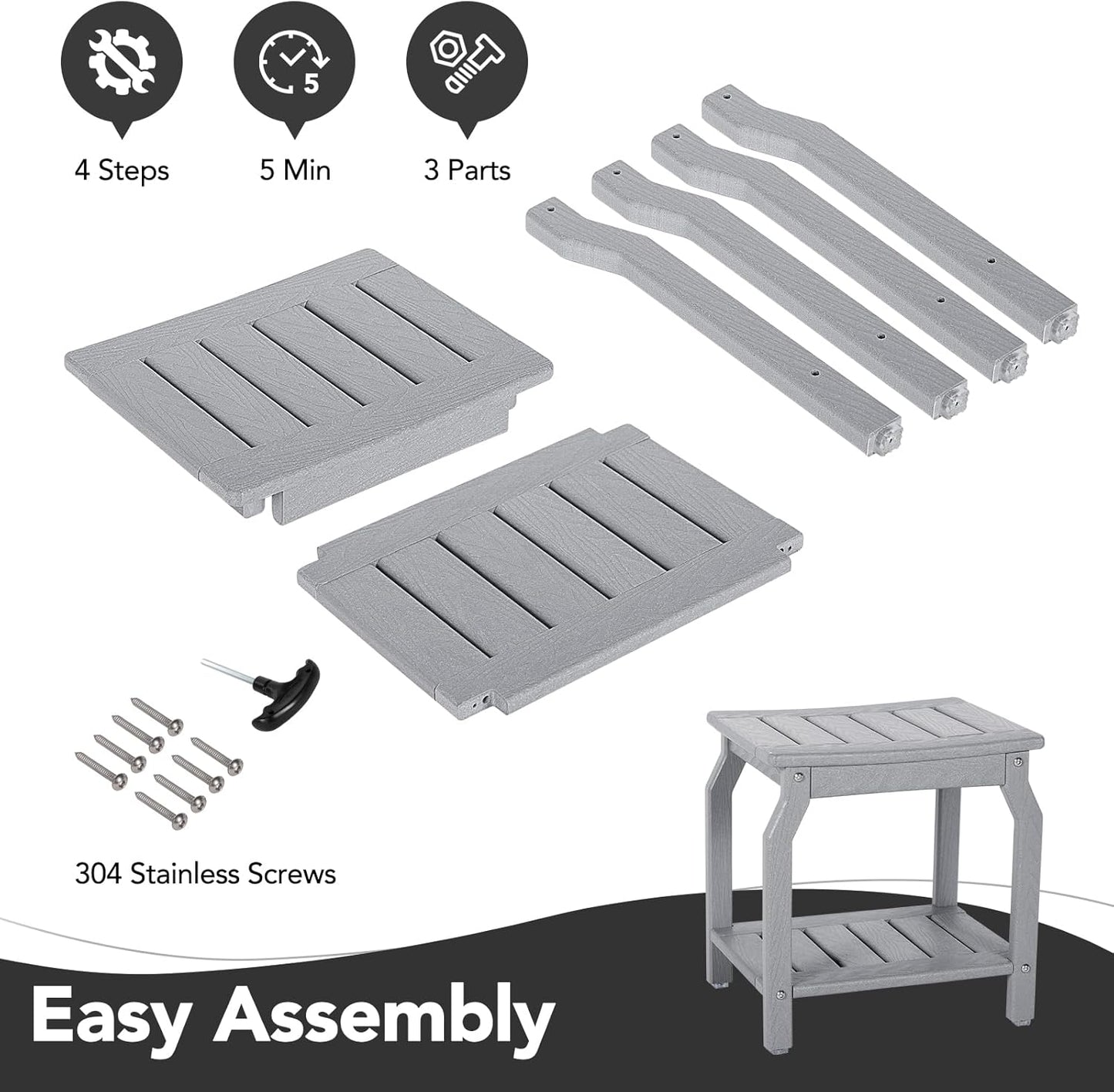 Dluxe Ave. LOENIY 2-Tier HDPE Shower Bench with Non-Slip Foot Pads Wood-Like Spa Shower Stool Adults (Grey)