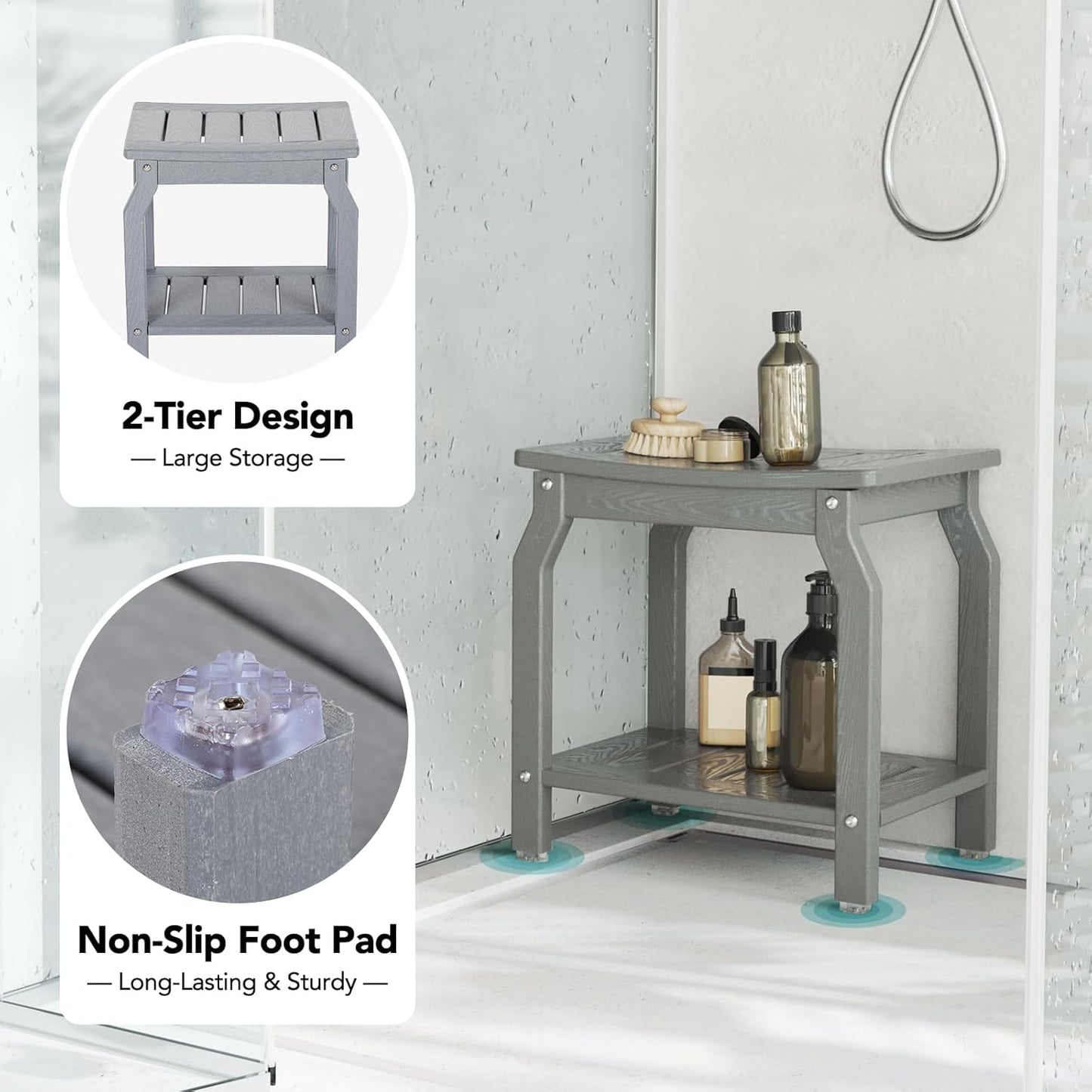 Dluxe Ave. LOENIY 2-Tier HDPE Shower Bench with Non-Slip Foot Pads Wood-Like Spa Shower Stool Adults (Grey)