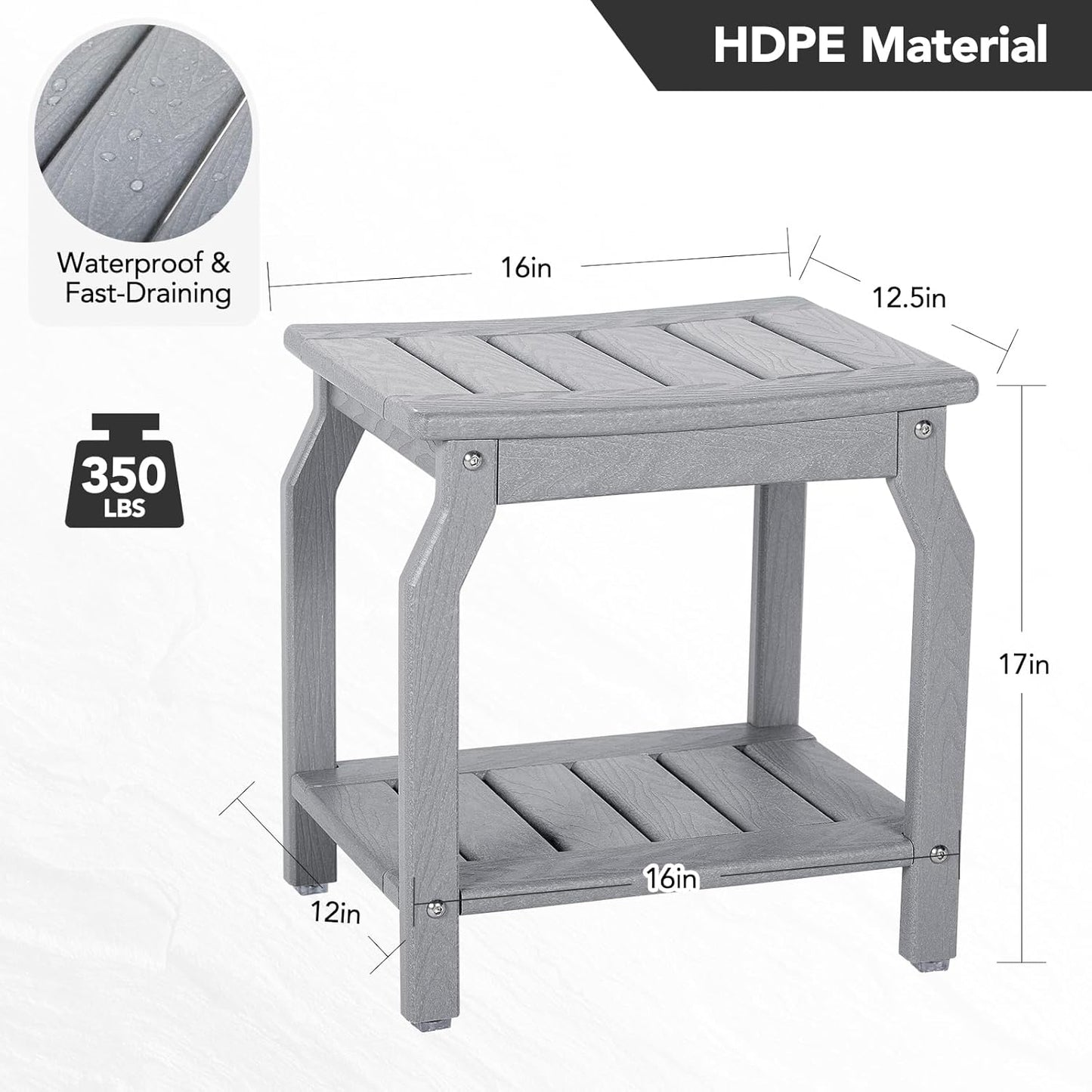 Dluxe Ave. LOENIY 2-Tier HDPE Shower Bench with Non-Slip Foot Pads Wood-Like Spa Shower Stool Adults (Grey)