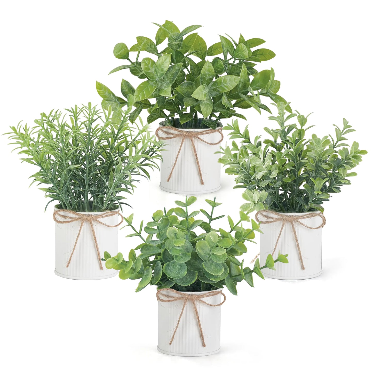 Dluxe Ave. 4 Packs Small Fake Plants in Galvanized Pots, Artificial Plants, Faux Eucalyptus for Home Decor (White)
