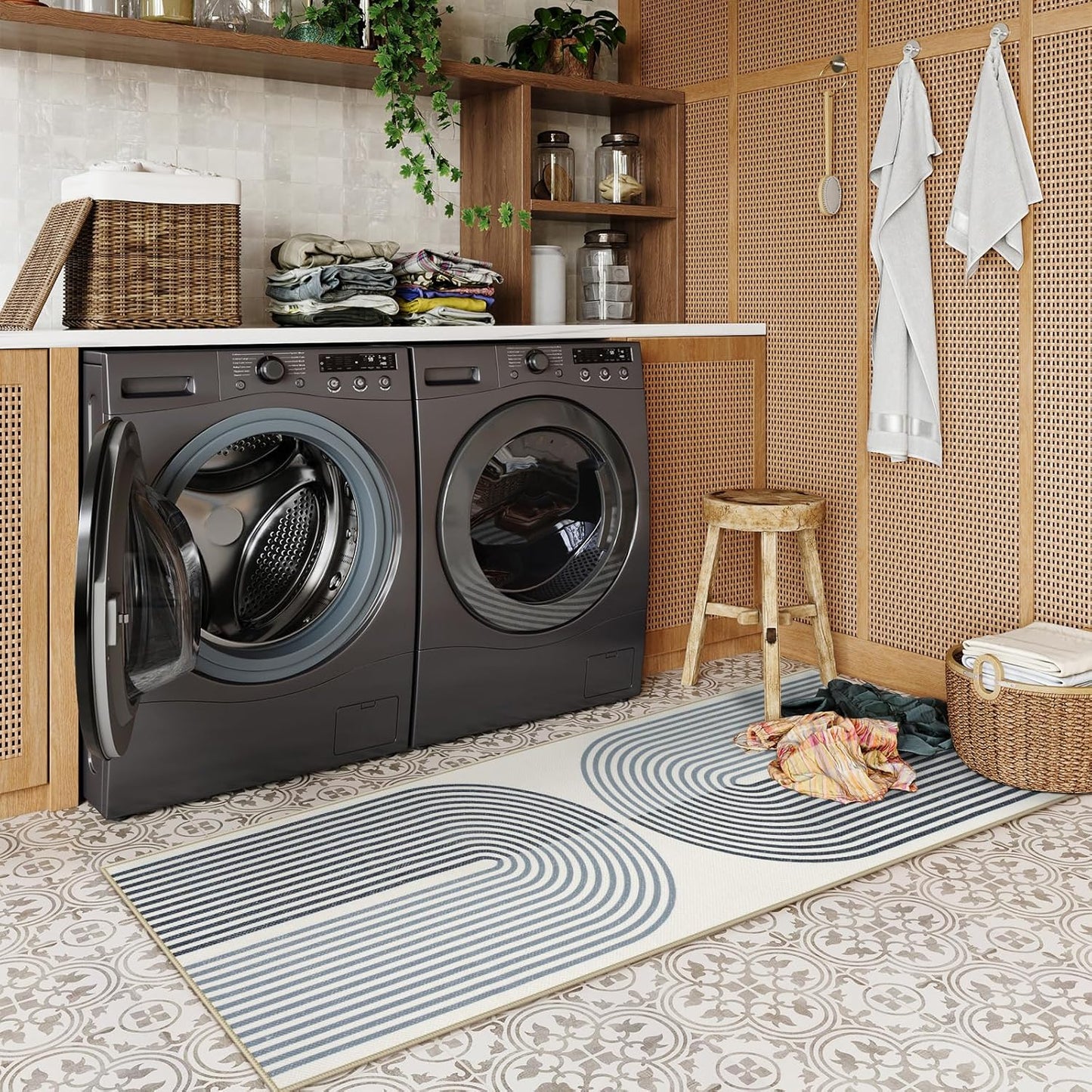 Dluxe Ave. Rainbow Kitchen Carpet/ Long Bathroom Rug Runners 2x8, Lightweight Modern, Non Slip, Woven Non Shedding (Black)