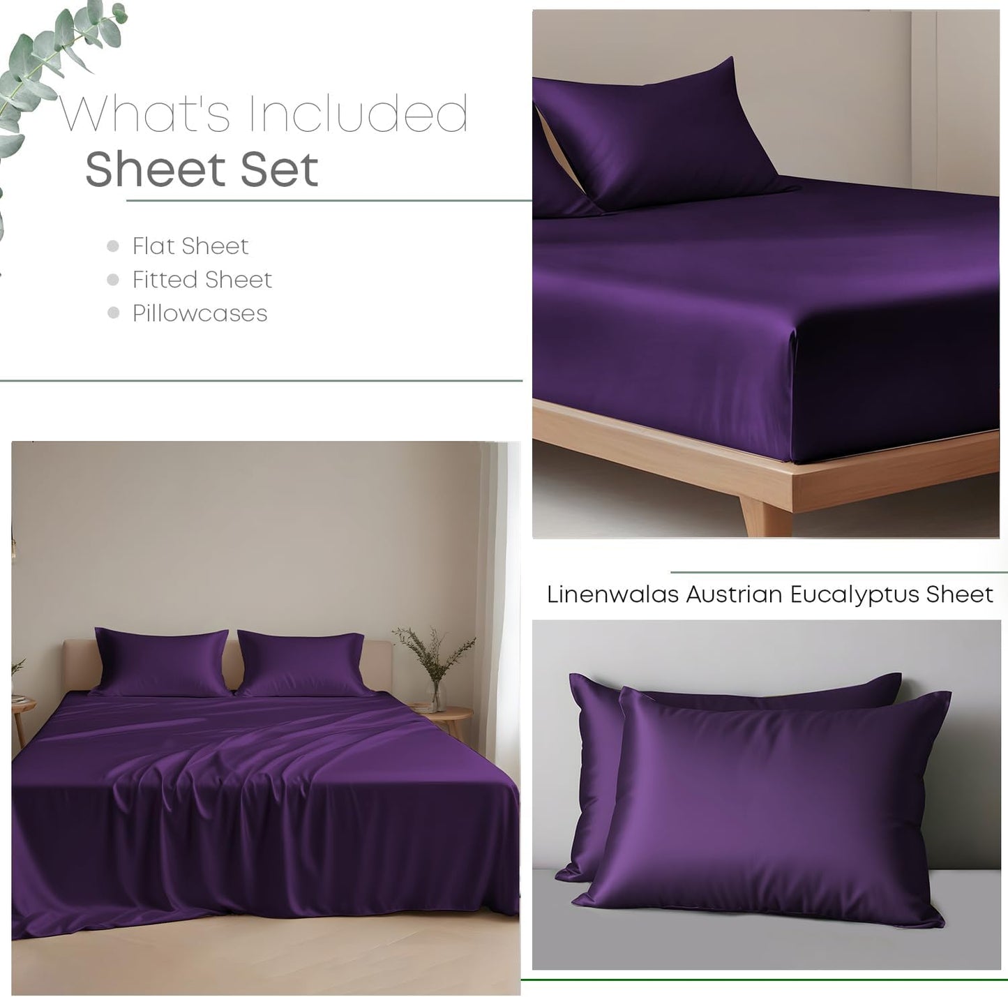 Dluxe Ave. ( KING ) 4 Pcs Sheets Set, 100% Tencel Lyocell Sheets, Luxuriously Soft and Silky, Deep Pocket Up to 16", Breathable Moisture Wicking Eucalyptus Sheets, Aubergine