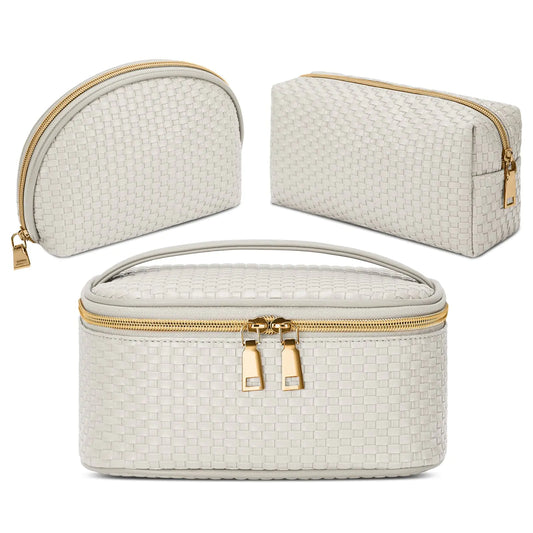 Dluxe Ave. KTMOUW Makeup Bag 3 Pcs Waterproof Cosmetic Bag Set Portable Travel Cosmetic Bag Multifunction Organizer Storage Bag Weave Toiletry Bag for Women Beige