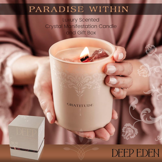 Dluxe Ave. Luxury Crystal Candle, Velvet Rose & Patchouli Scented, Aromatherapy Candle with Strawberry and Clear Quartz Crystals -7.4oz, Natural Coconut Soy Wax Wood Wick Candles