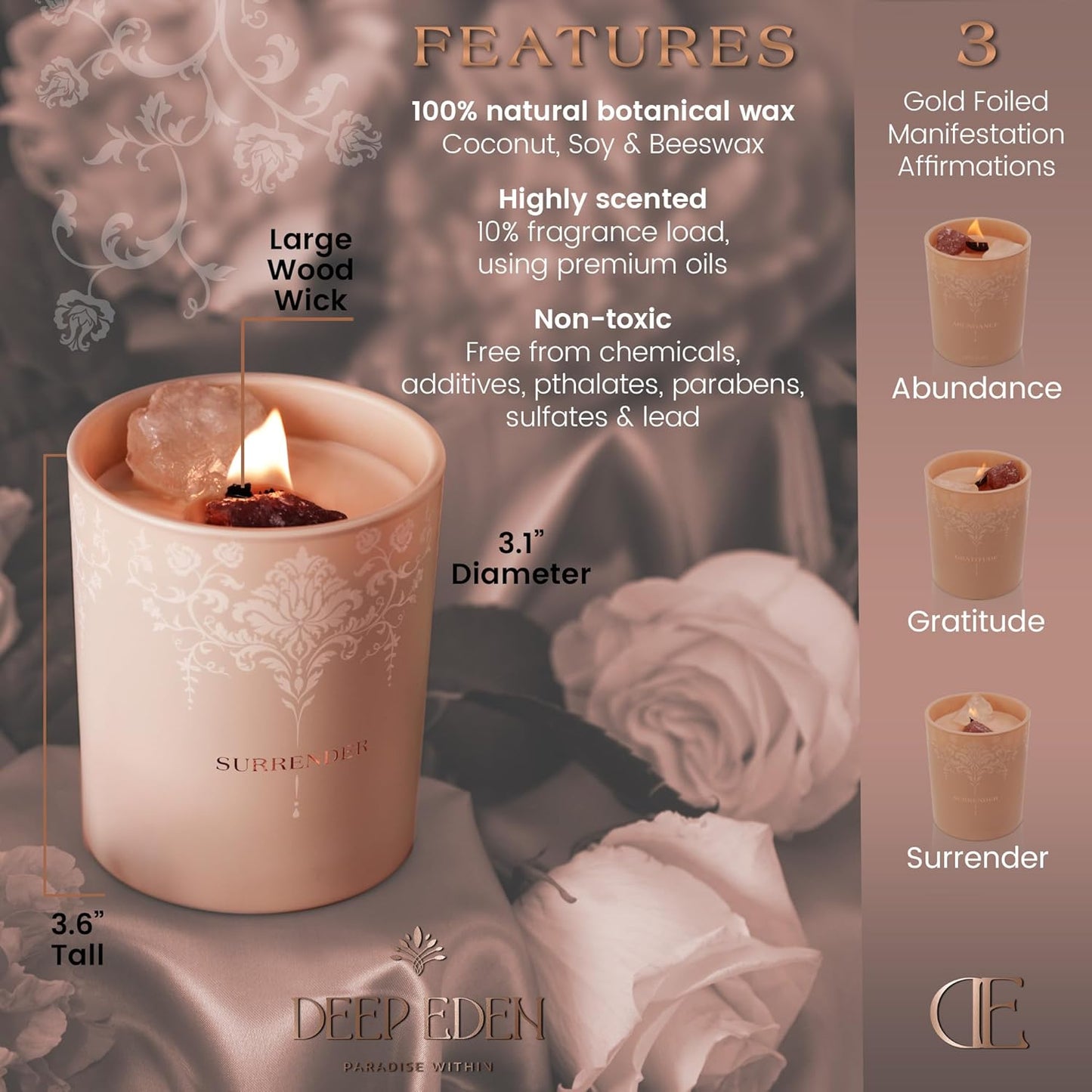 Dluxe Ave. Luxury Crystal Candle, Velvet Rose & Patchouli Scented, Aromatherapy Candle with Strawberry and Clear Quartz Crystals -7.4oz, Natural Coconut Soy Wax Wood Wick Candles