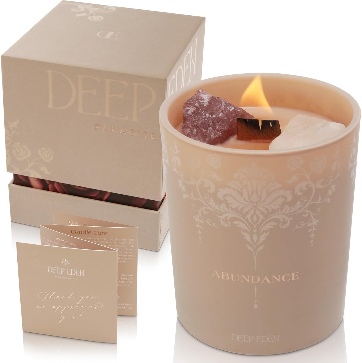 Dluxe Ave. Luxury Crystal Candle, Velvet Rose & Patchouli Scented, Aromatherapy Candle with Strawberry and Clear Quartz Crystals -7.4oz, Natural Coconut Soy Wax Wood Wick Candles