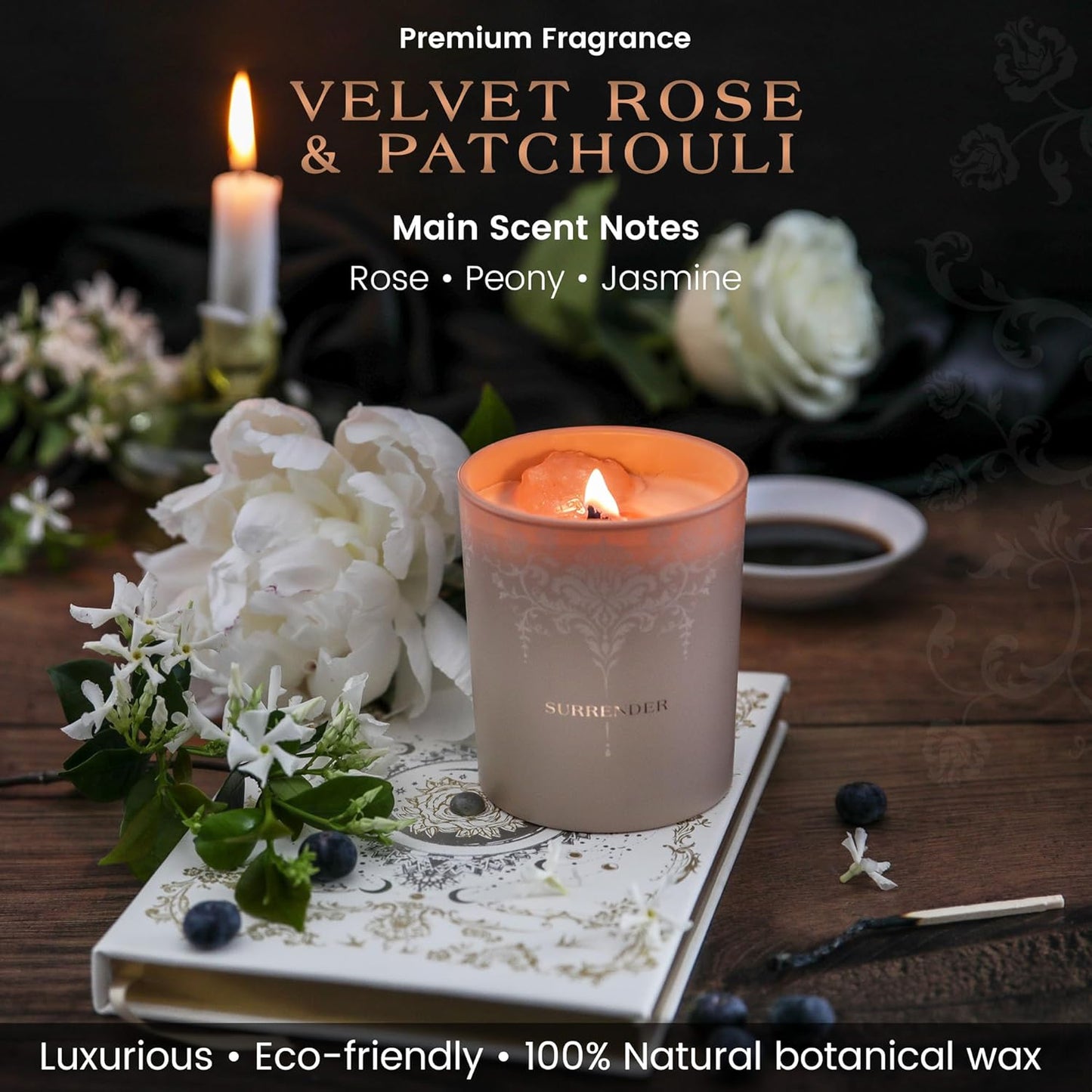 Dluxe Ave. Luxury Crystal Candle, Velvet Rose & Patchouli Scented, Aromatherapy Candle with Strawberry and Clear Quartz Crystals -7.4oz, Natural Coconut Soy Wax Wood Wick Candles