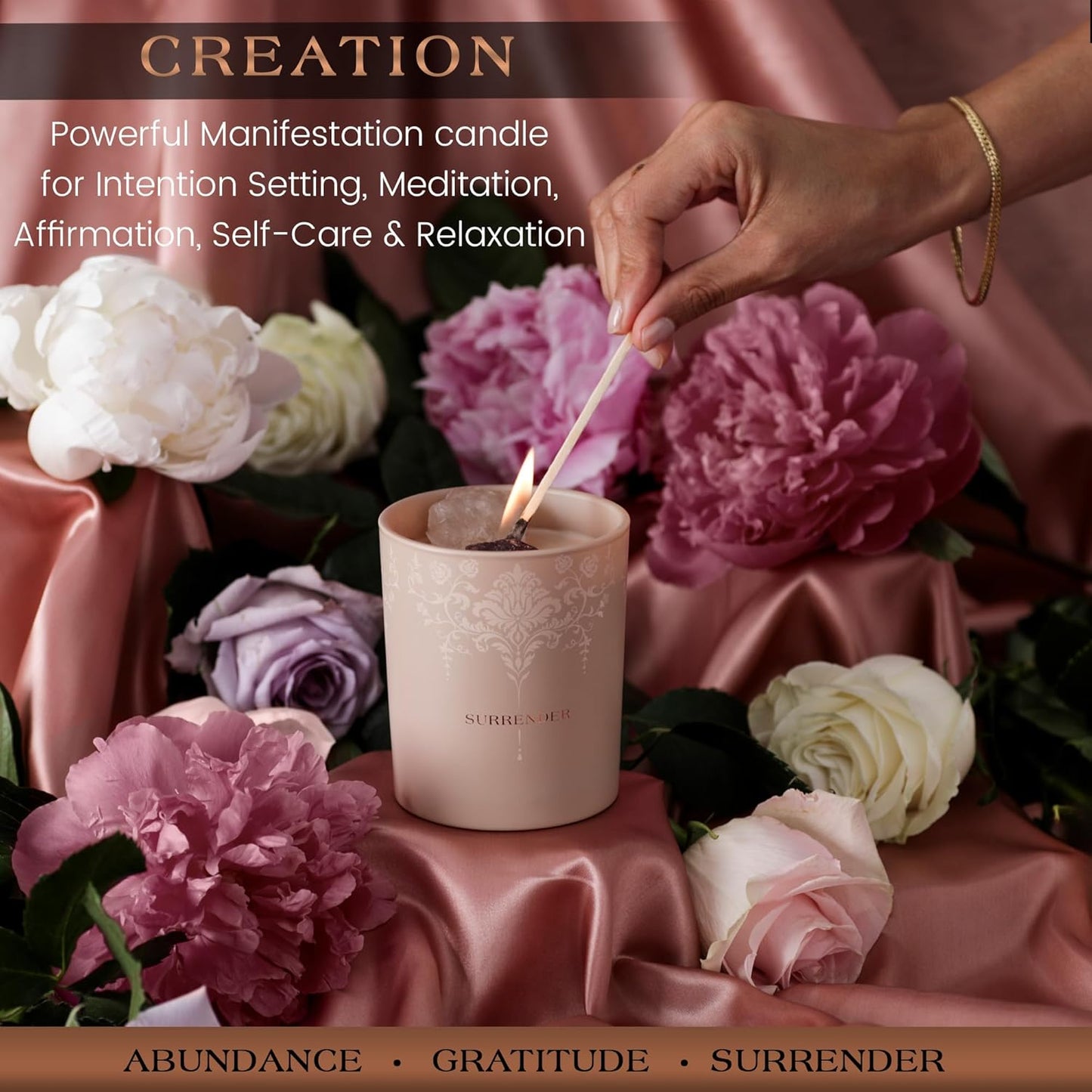 Dluxe Ave. Luxury Crystal Candle, Velvet Rose & Patchouli Scented, Aromatherapy Candle with Strawberry and Clear Quartz Crystals -7.4oz, Natural Coconut Soy Wax Wood Wick Candles