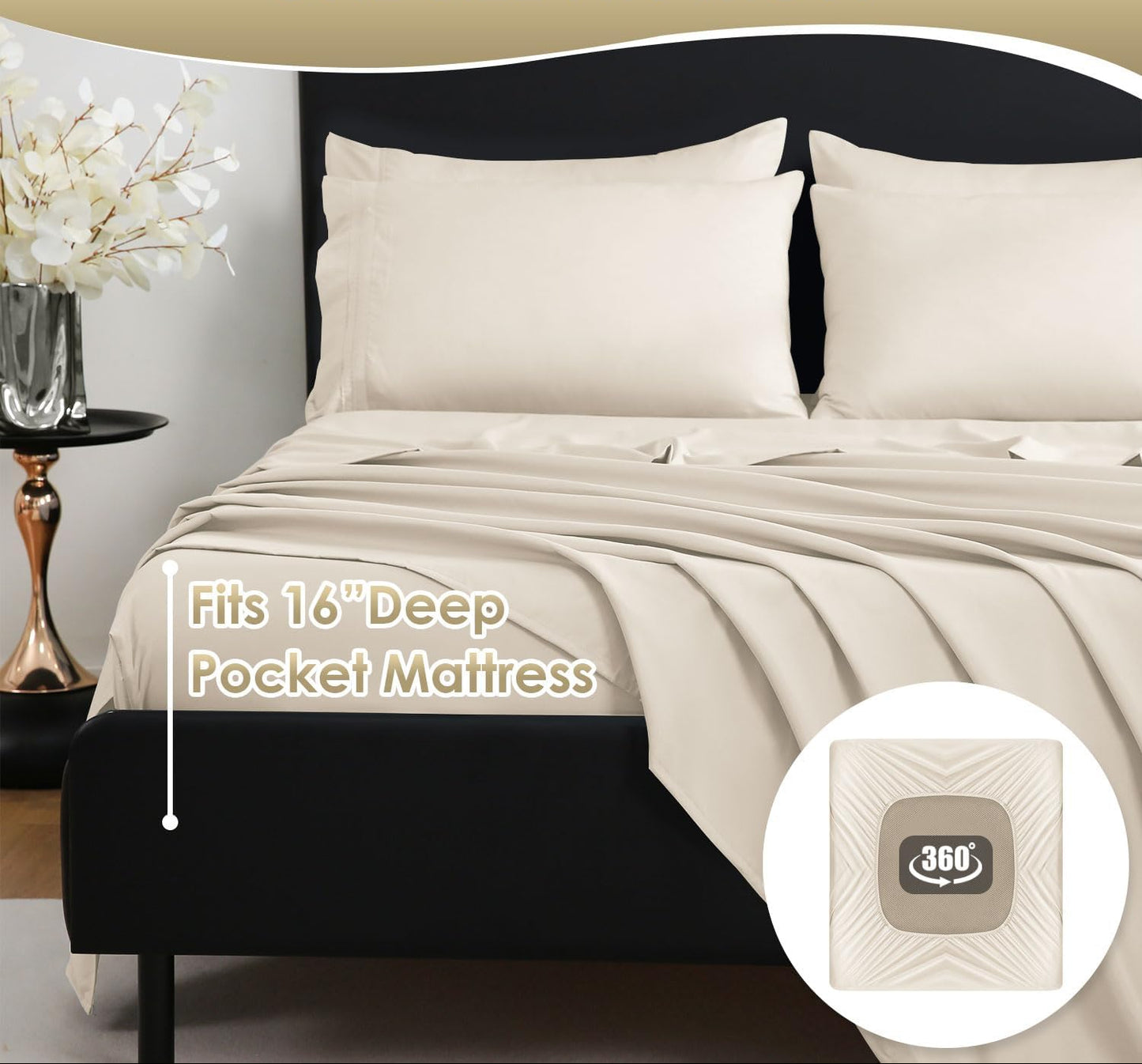 Dluxe Ave. ( KING ) 6 Pcs Luxury Silky Soft Bed Sheet Set/ Fits 16 inch Deep Pocket/ Ivory Cream