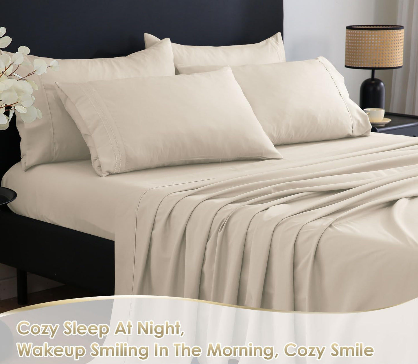 Dluxe Ave. ( KING ) 6 Pcs Luxury Silky Soft Bed Sheet Set/ Fits 16 inch Deep Pocket/ Ivory Cream