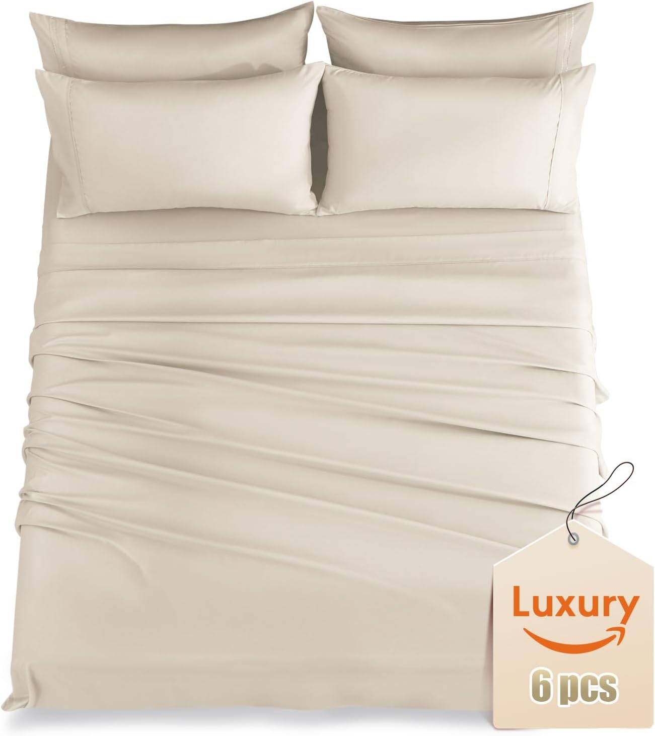 Dluxe Ave. ( KING ) 6 Pcs Luxury Silky Soft Bed Sheet Set/ Fits 16 inch Deep Pocket/ Ivory Cream