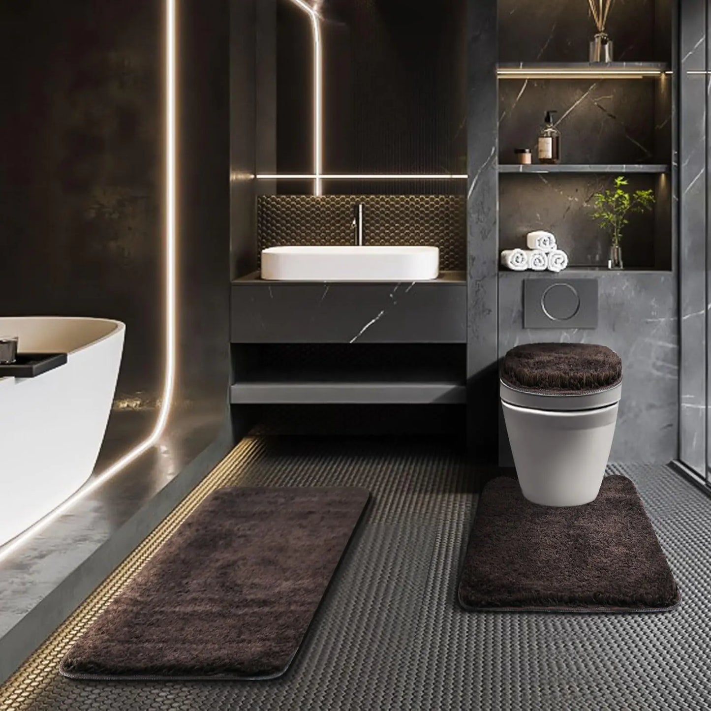 Dluxe Ave. Baahrnom Bathroom Rugs Sets 3 Piece with Toilet Cover Adjustable Bath Rug Set with TPR Non Slip Luxury Bathroom Decoration