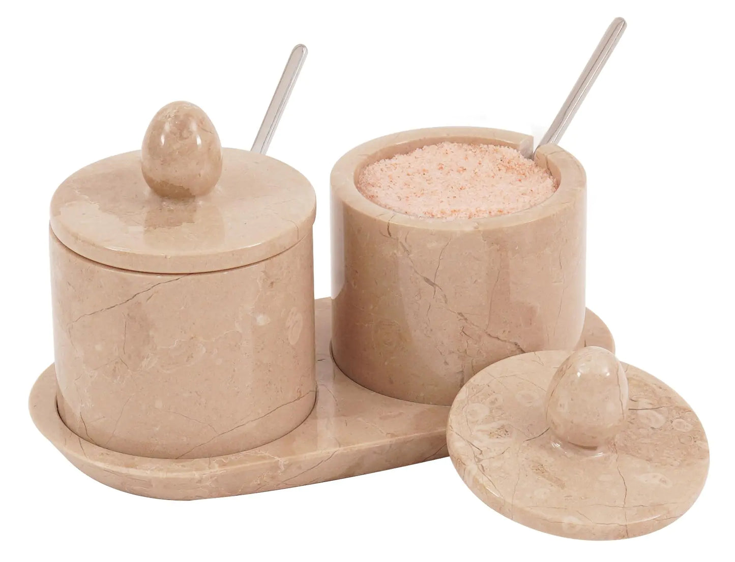 Dluxe Ave. Marble Salt Cellar With Lid & Spoon Verona 4" Inches Handmade Set Of 2 Salt Cellar With Lid Salt & Pepper Container With Tray Salt Cellar Salt Box - Sugar Container & Salt Holder