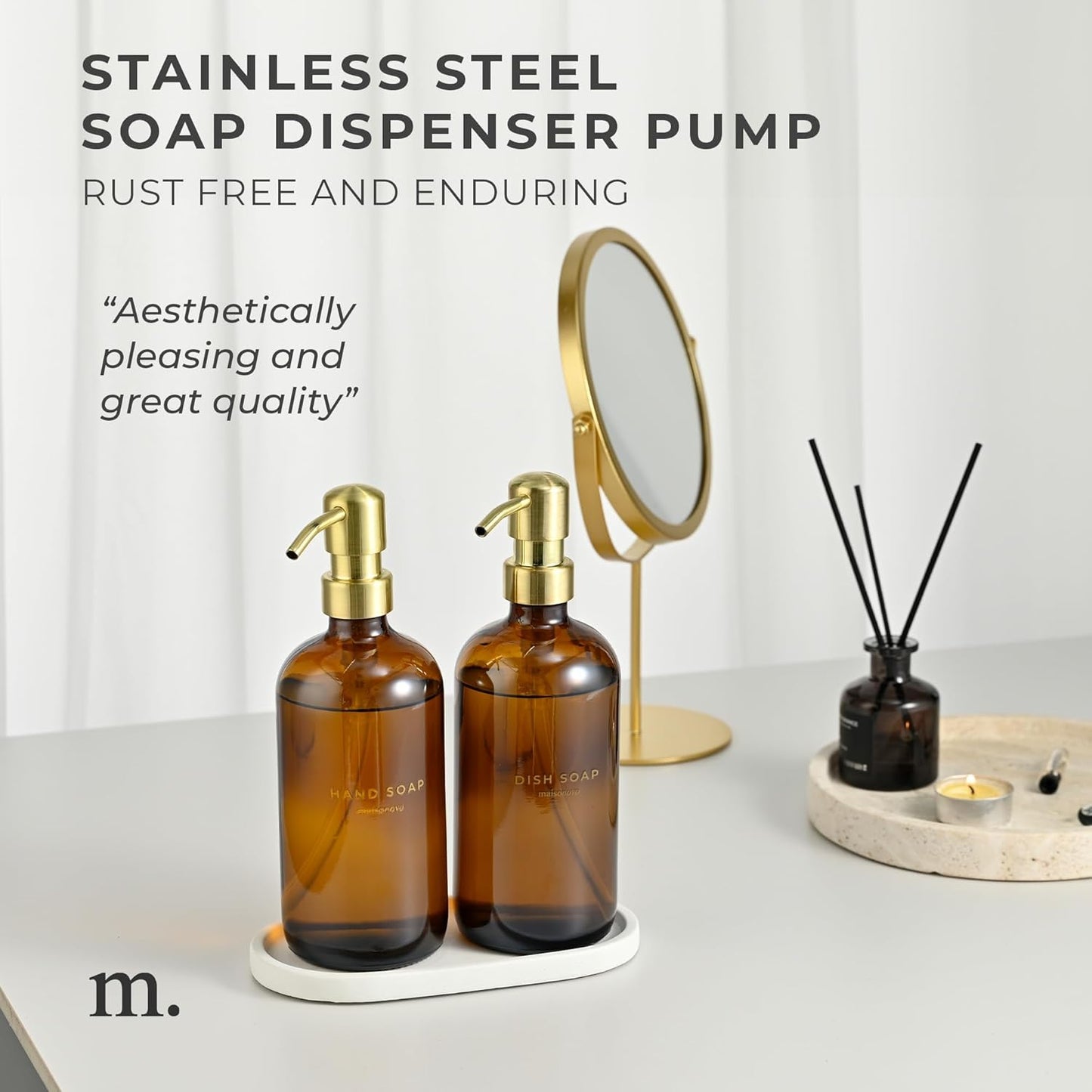 Out of Stock Dluxe Ave. Amber Bottles with Gold Stainless with Steel Pumps/ 16.9oz/  Set of 2 with Oval Concrete Tray