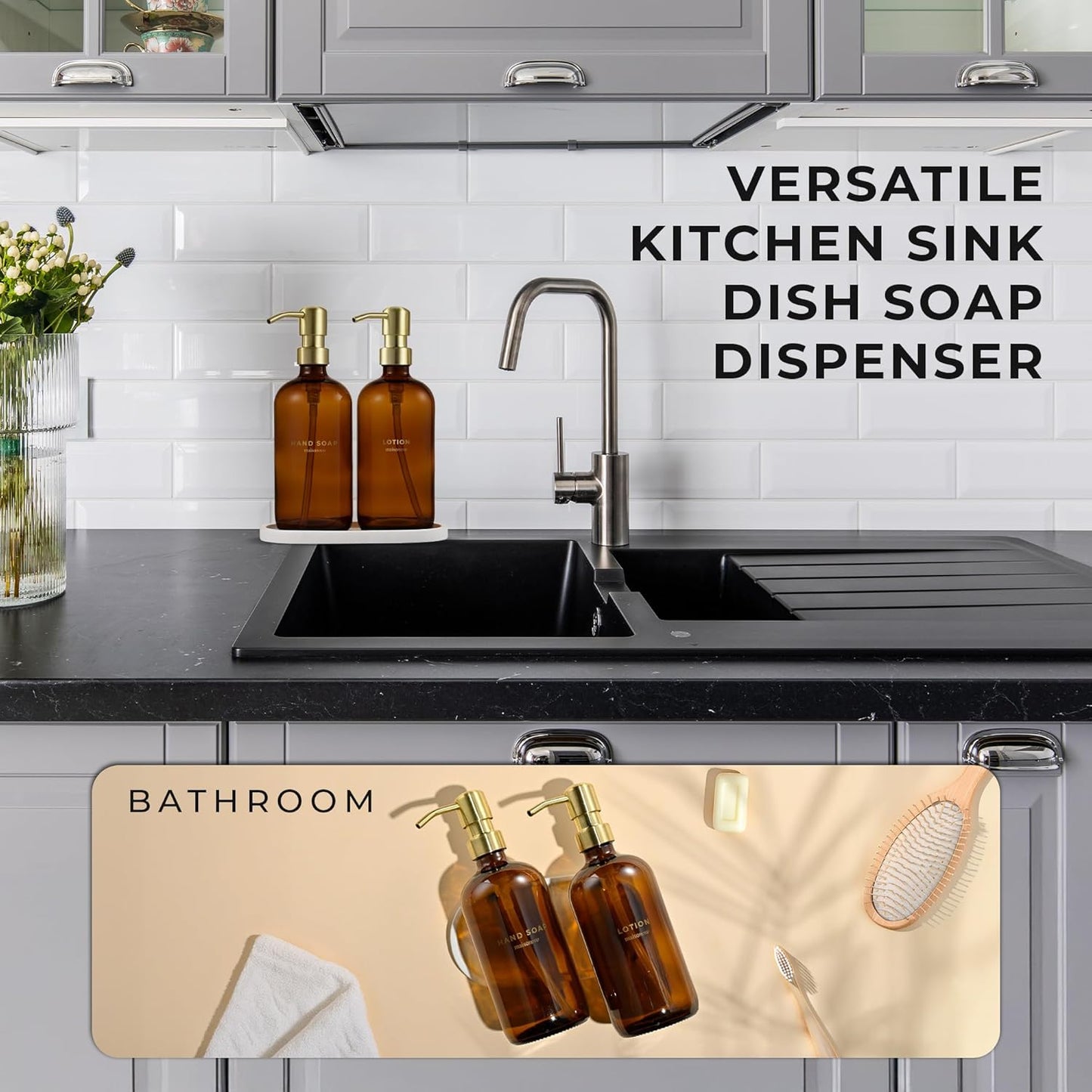 Out of Stock Dluxe Ave. Amber Bottles with Gold Stainless with Steel Pumps/ 16.9oz/  Set of 2 with Oval Concrete Tray