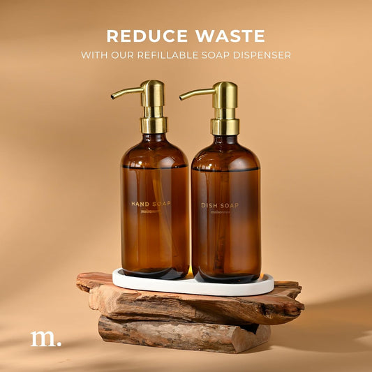 Out of Stock Dluxe Ave. Amber Bottles with Gold Stainless with Steel Pumps/ 16.9oz/  Set of 2 with Oval Concrete Tray
