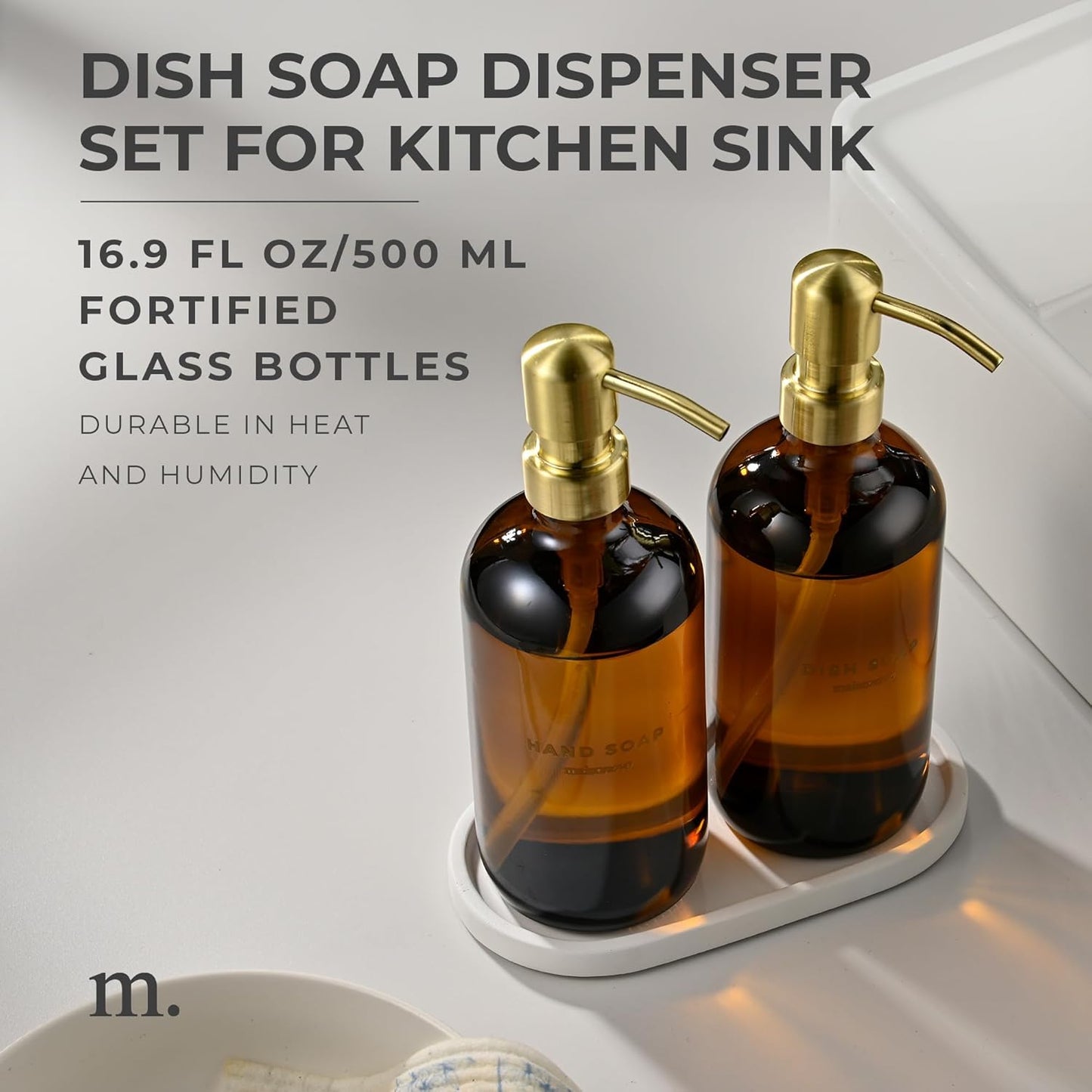 Out of Stock Dluxe Ave. Amber Bottles with Gold Stainless with Steel Pumps/ 16.9oz/  Set of 2 with Oval Concrete Tray