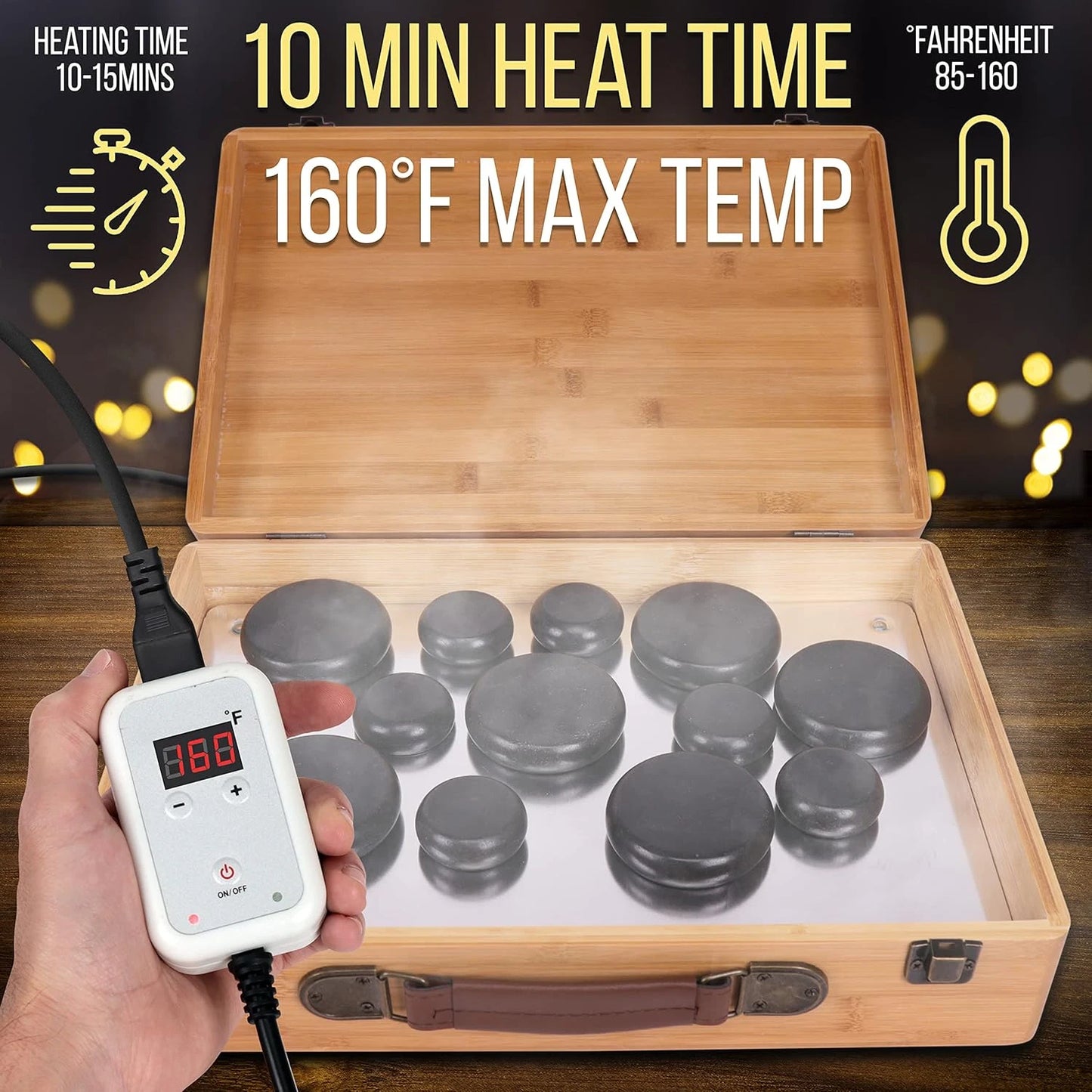 Dluxe Ave. Electric Spa Portable Heated Massage Stones and Warmer Set/ 12 Large/Small Black Stone Set w/Bamboo/ Heating Case