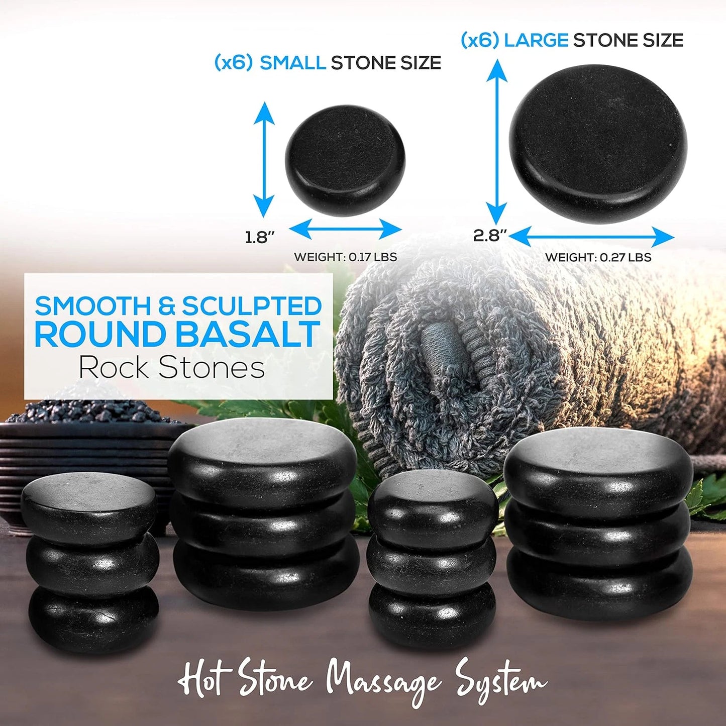 Dluxe Ave. Electric Spa Portable Heated Massage Stones and Warmer Set/ 12 Large/Small Black Stone Set w/Bamboo/ Heating Case