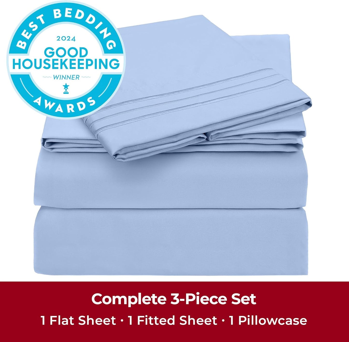 Dluxe Ave. ( TWIN ) Sheets Set, 3 PC Iconic Collection Bedding, Hotel Luxury Extra Soft, Light Blue
