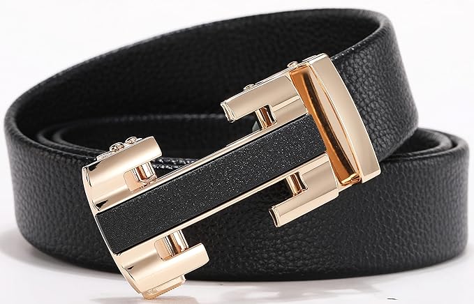 Dluxe Ave. Mens Classic Fashion Automatic Buckle Design Leather Belt Business Belt (H-Gold 120cm/47.3inch(Fit 26-44)(Can be cut))
