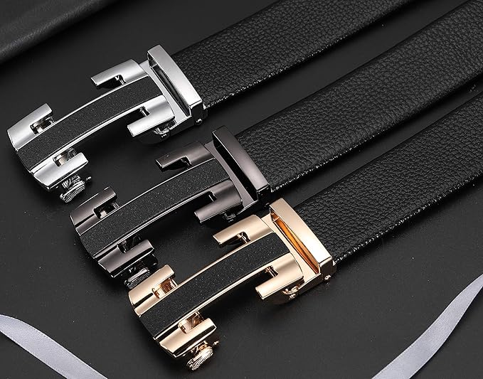 Dluxe Ave. Mens Classic Fashion Automatic Buckle Design Leather Belt Business Belt (H-Gold 120cm/47.3inch(Fit 26-44)(Can be cut))