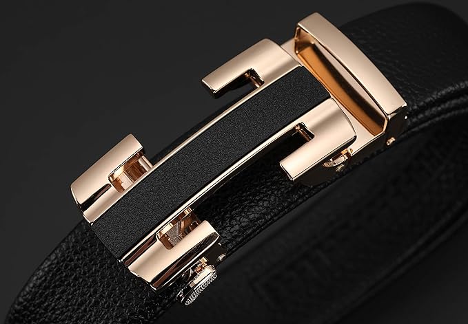 Dluxe Ave. Mens Classic Fashion Automatic Buckle Design Leather Belt Business Belt (H-Gold 120cm/47.3inch(Fit 26-44)(Can be cut))